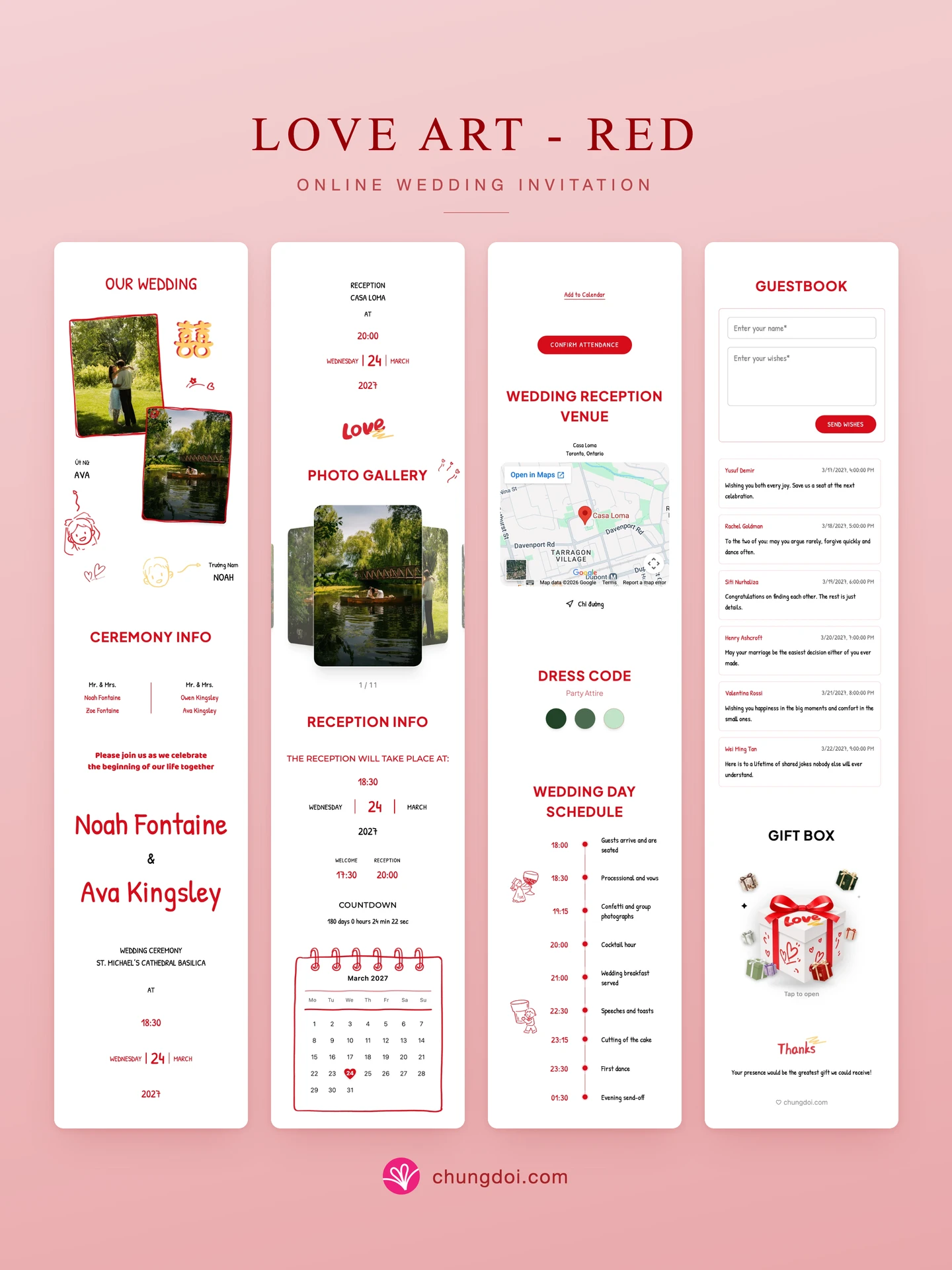 Full view of the Love Art - Red wedding invitation: its three sections side by side
