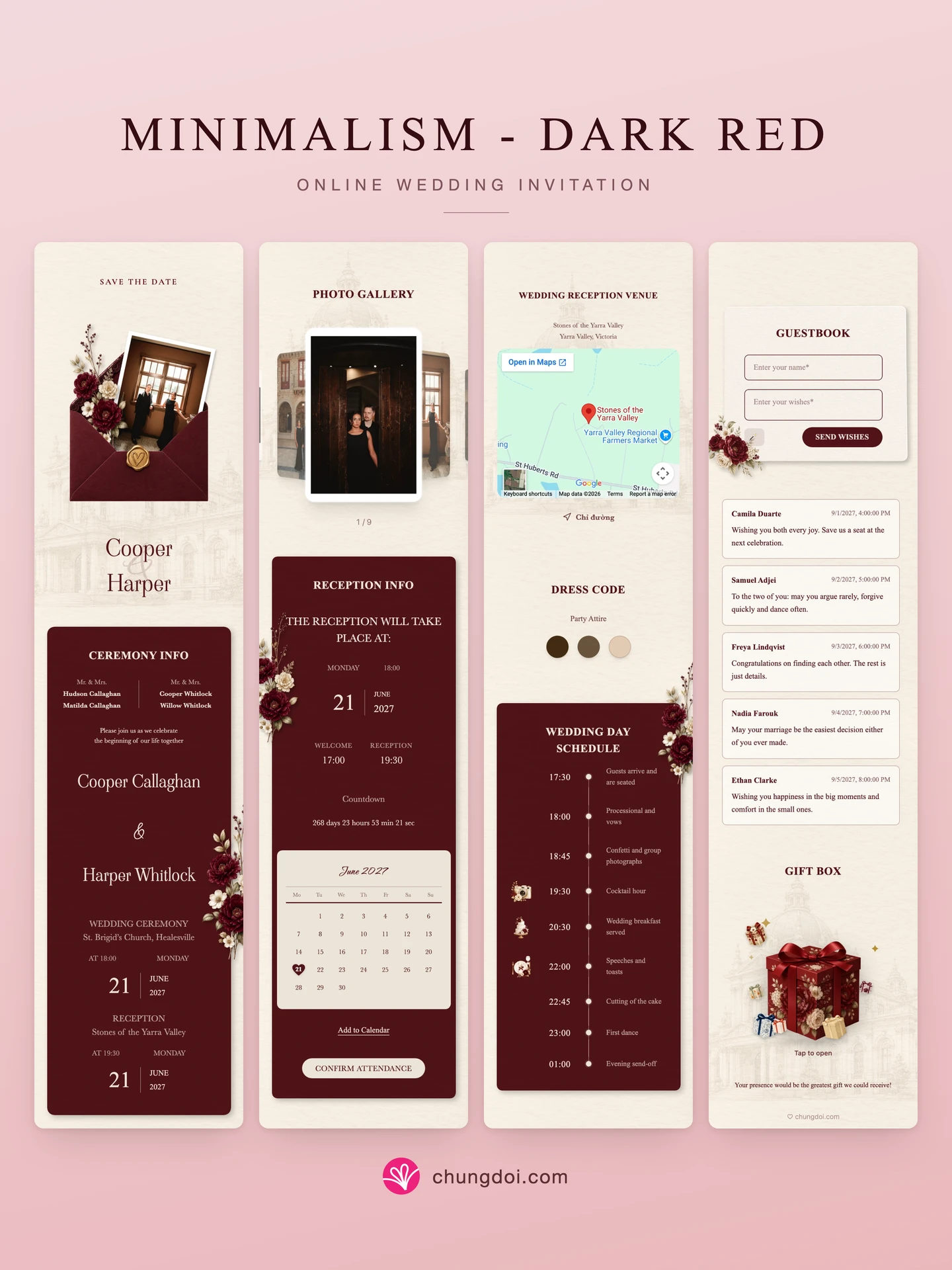 Full view of the Minimalism - Dark Red wedding invitation: its three sections side by side