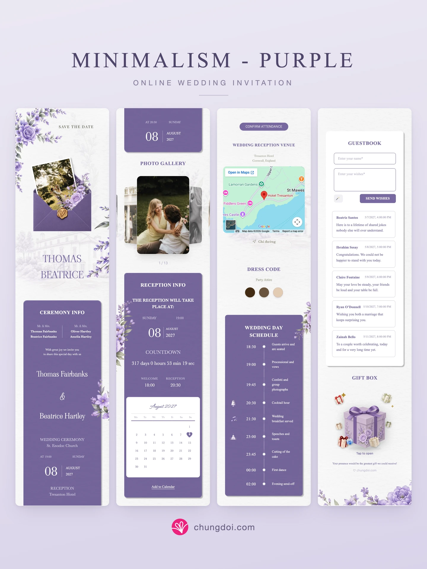 Full view of the Minimalism - Purple wedding invitation: its three sections side by side