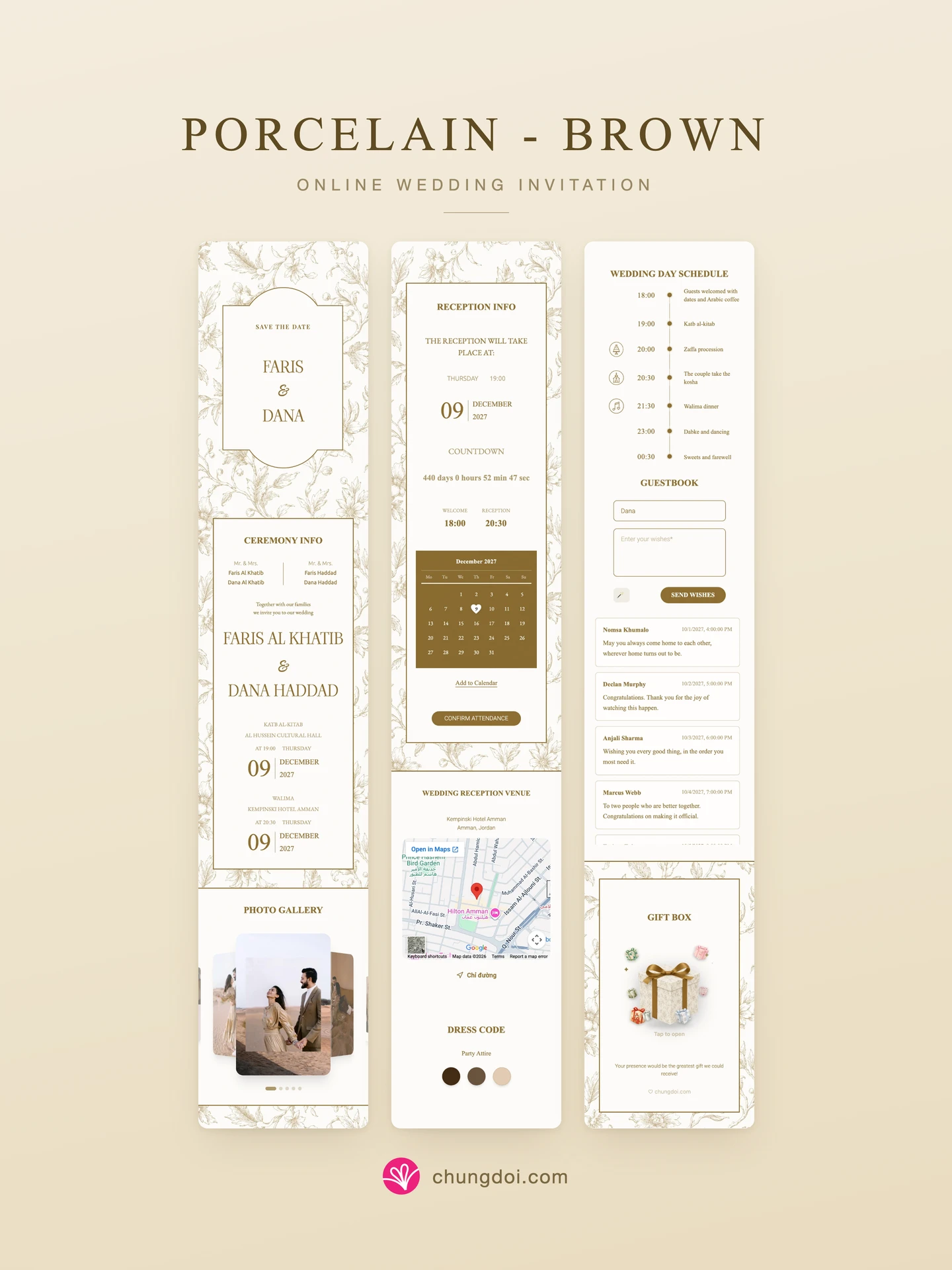 Full view of the Porcelain - Brown wedding invitation: its three sections side by side