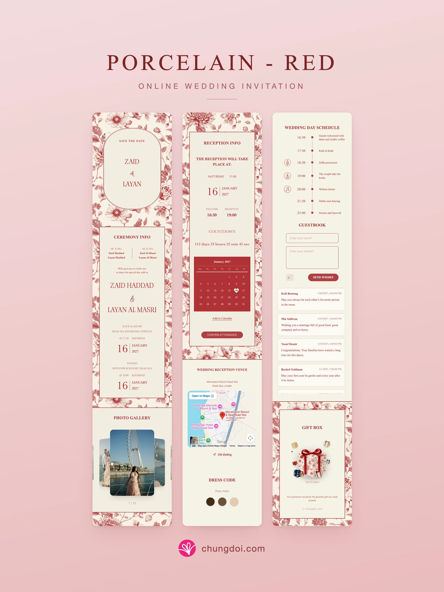 Full view of the Porcelain - Red wedding invitation: its three sections side by side