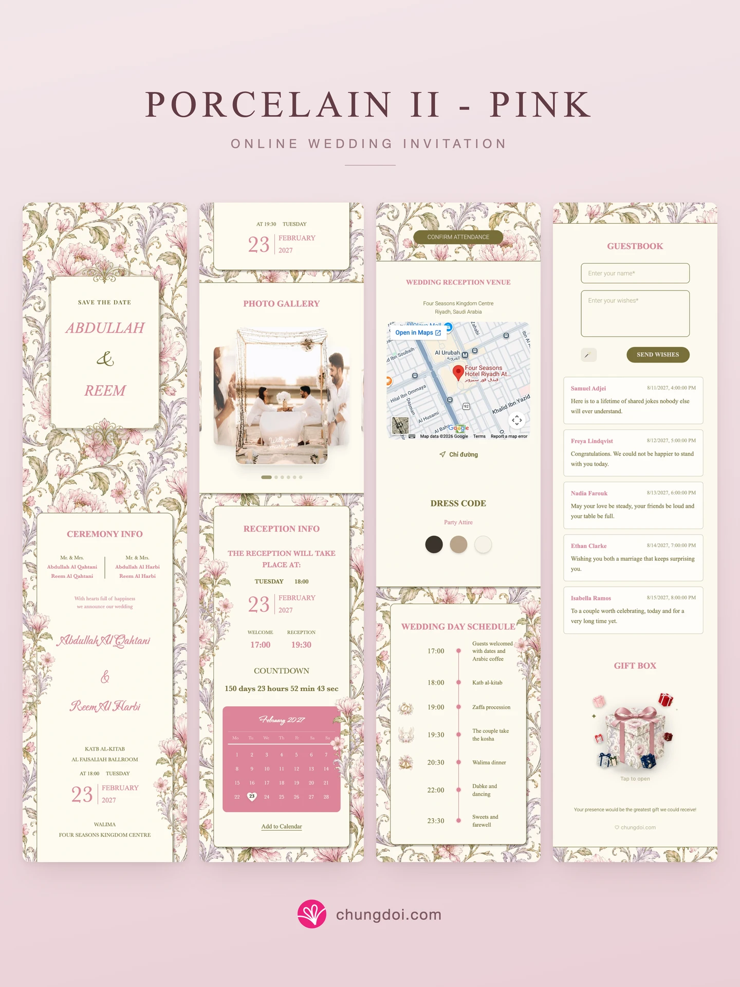 Full view of the Porcelain II - Pink wedding invitation: its three sections side by side