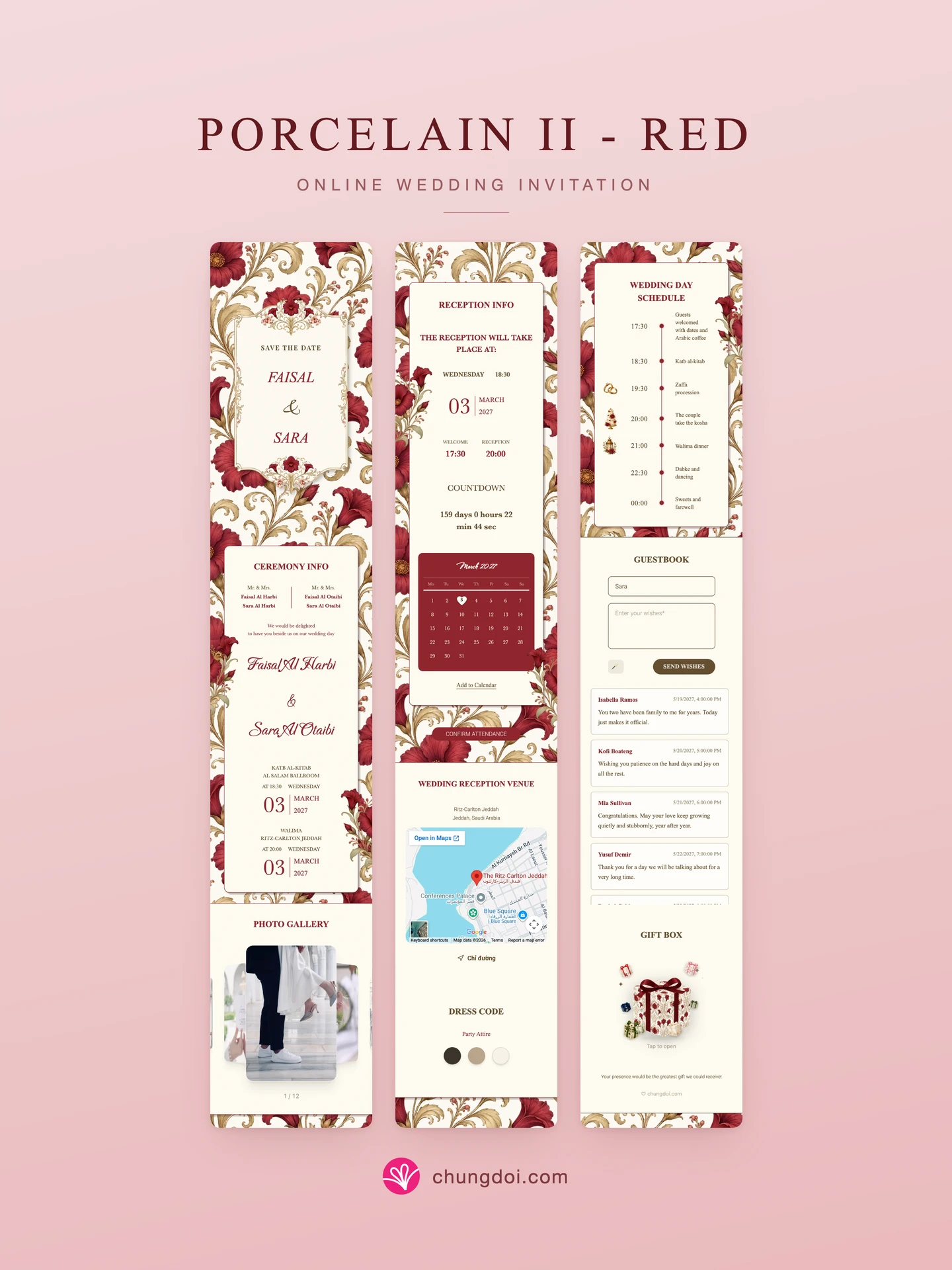 Full view of the Porcelain II - Red wedding invitation: its three sections side by side