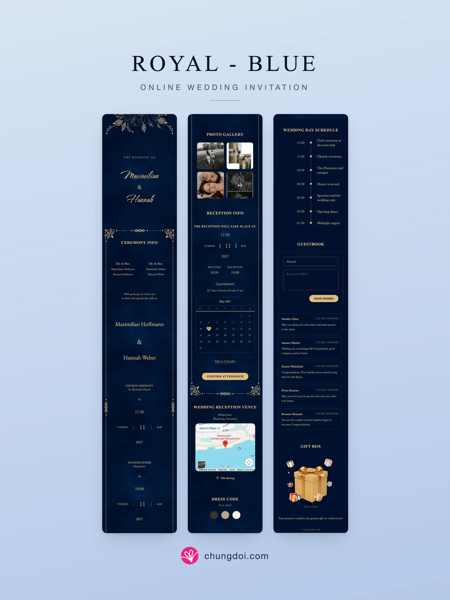 Full view of the Royal - Blue wedding invitation: its three sections side by side