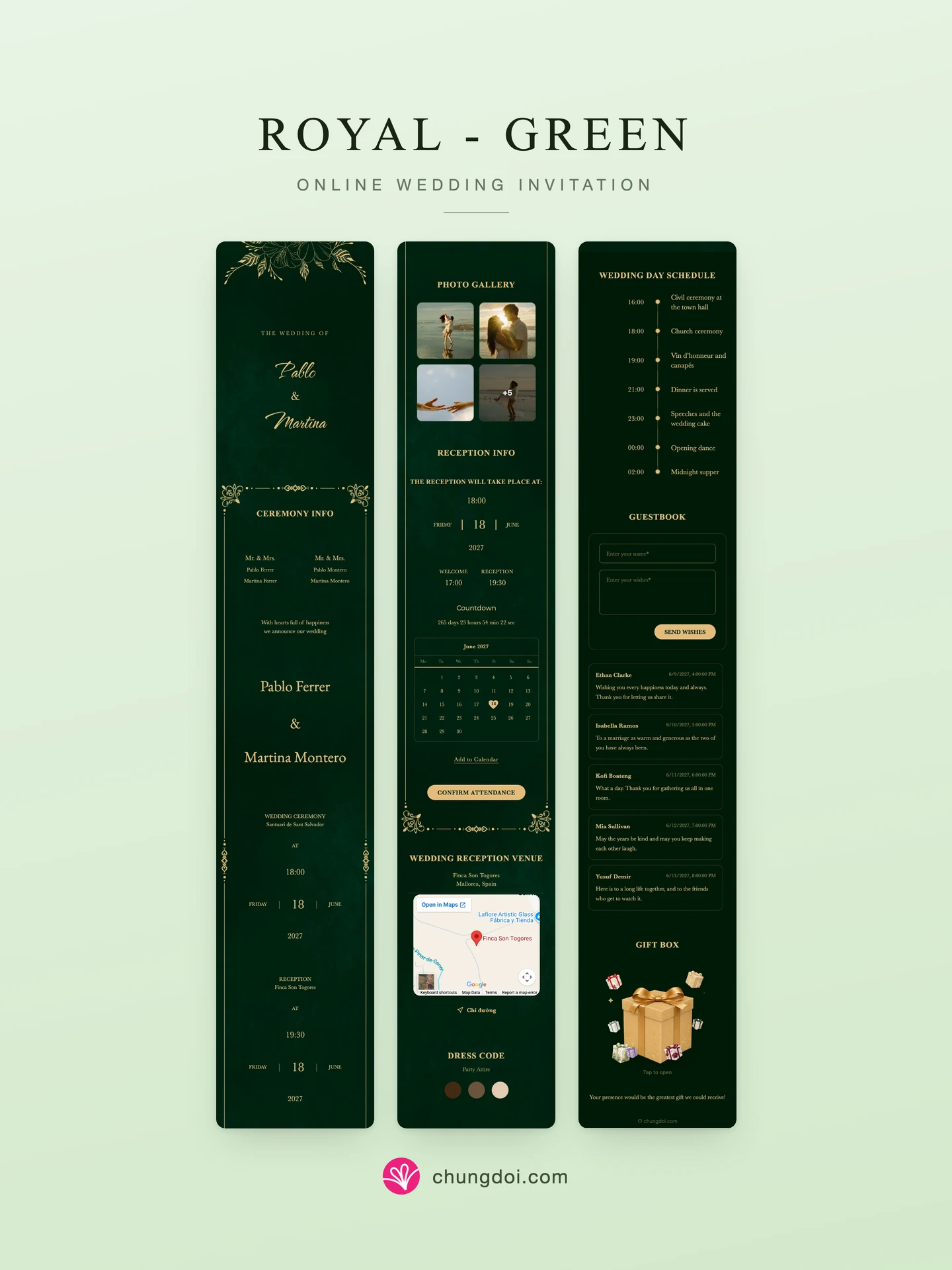 Full view of the Royal - Green wedding invitation: its three sections side by side