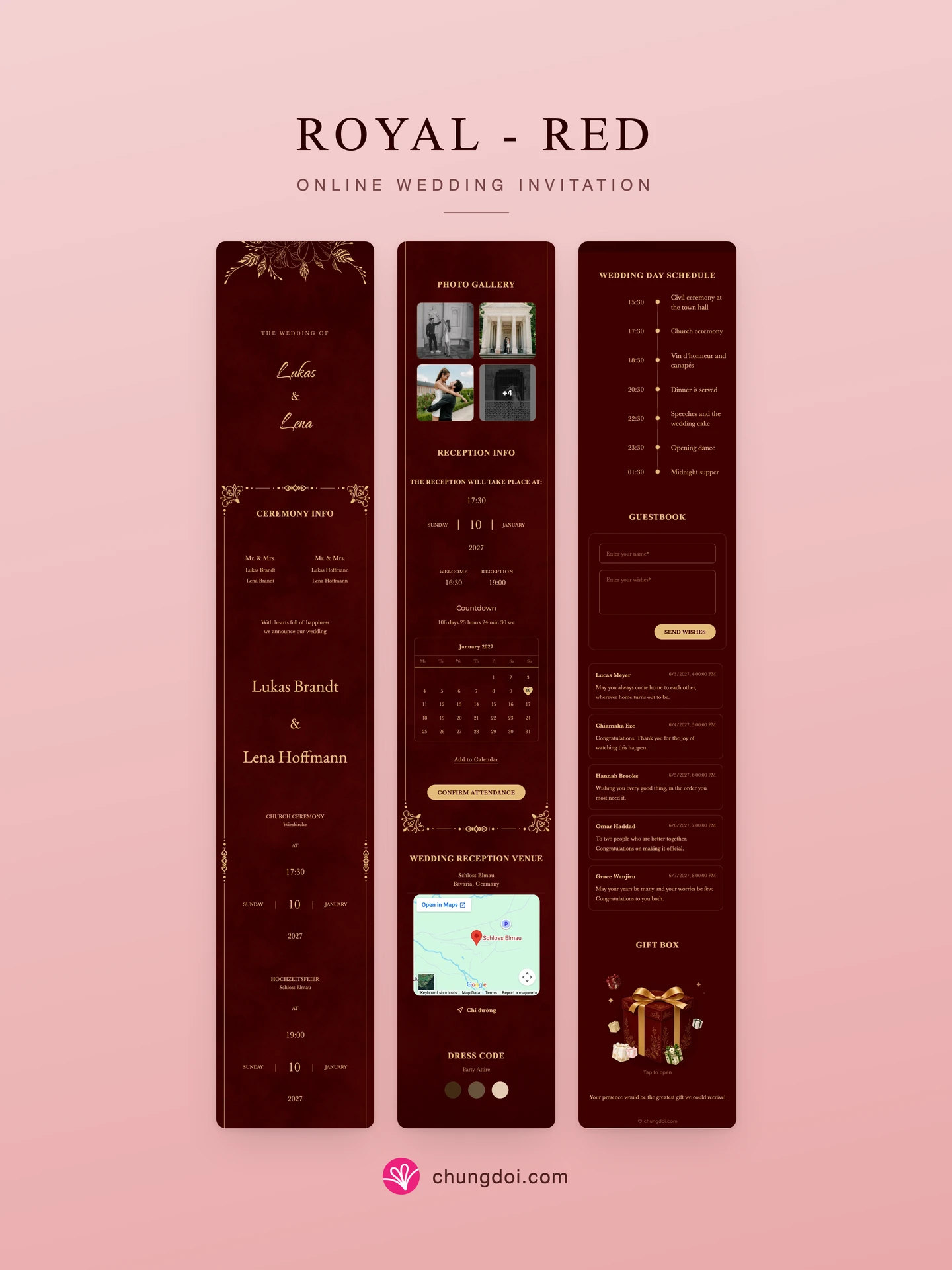 Full view of the Royal - Red wedding invitation: its three sections side by side