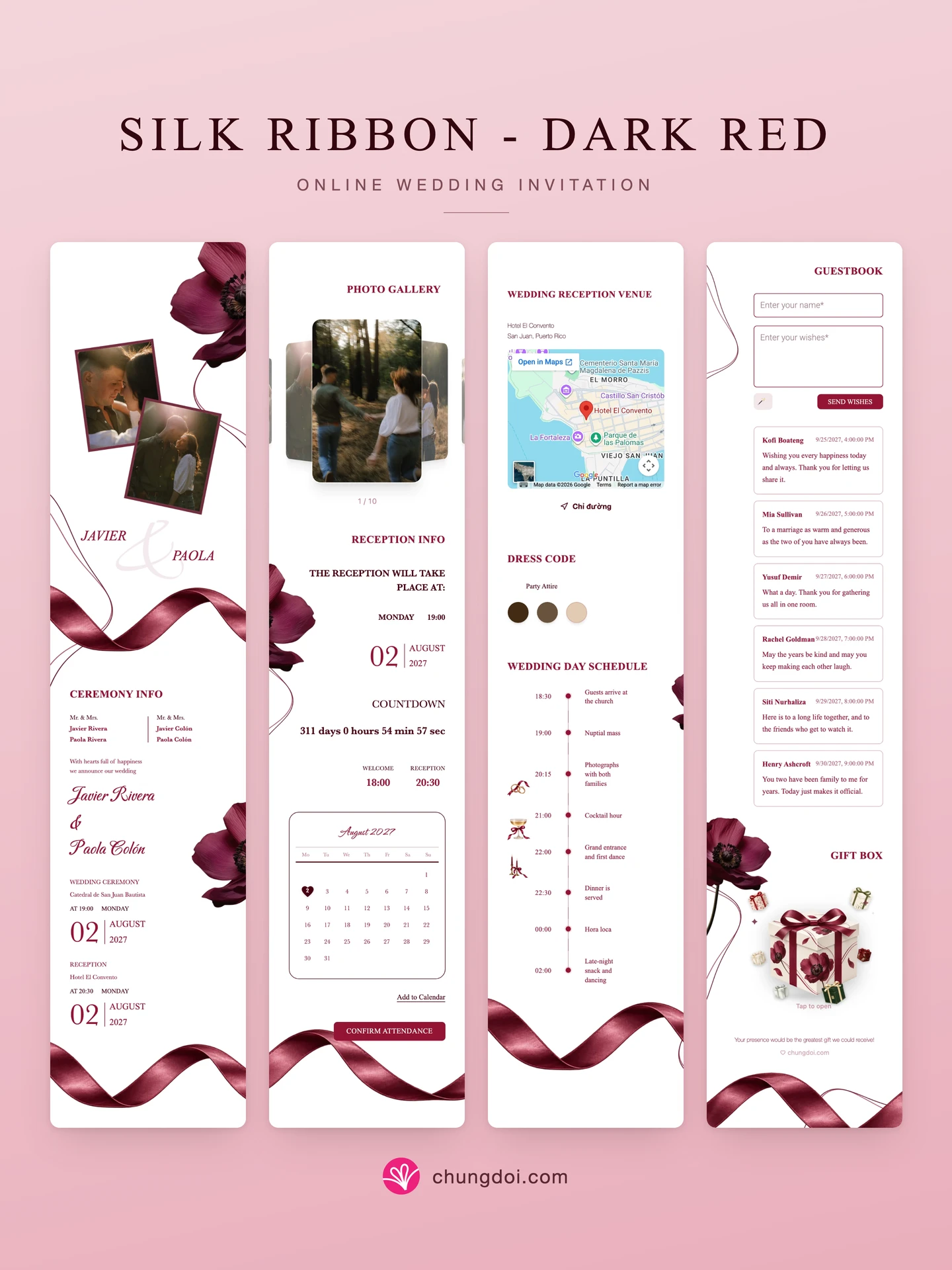 Full view of the Silk Ribbon - Dark Red wedding invitation: its three sections side by side