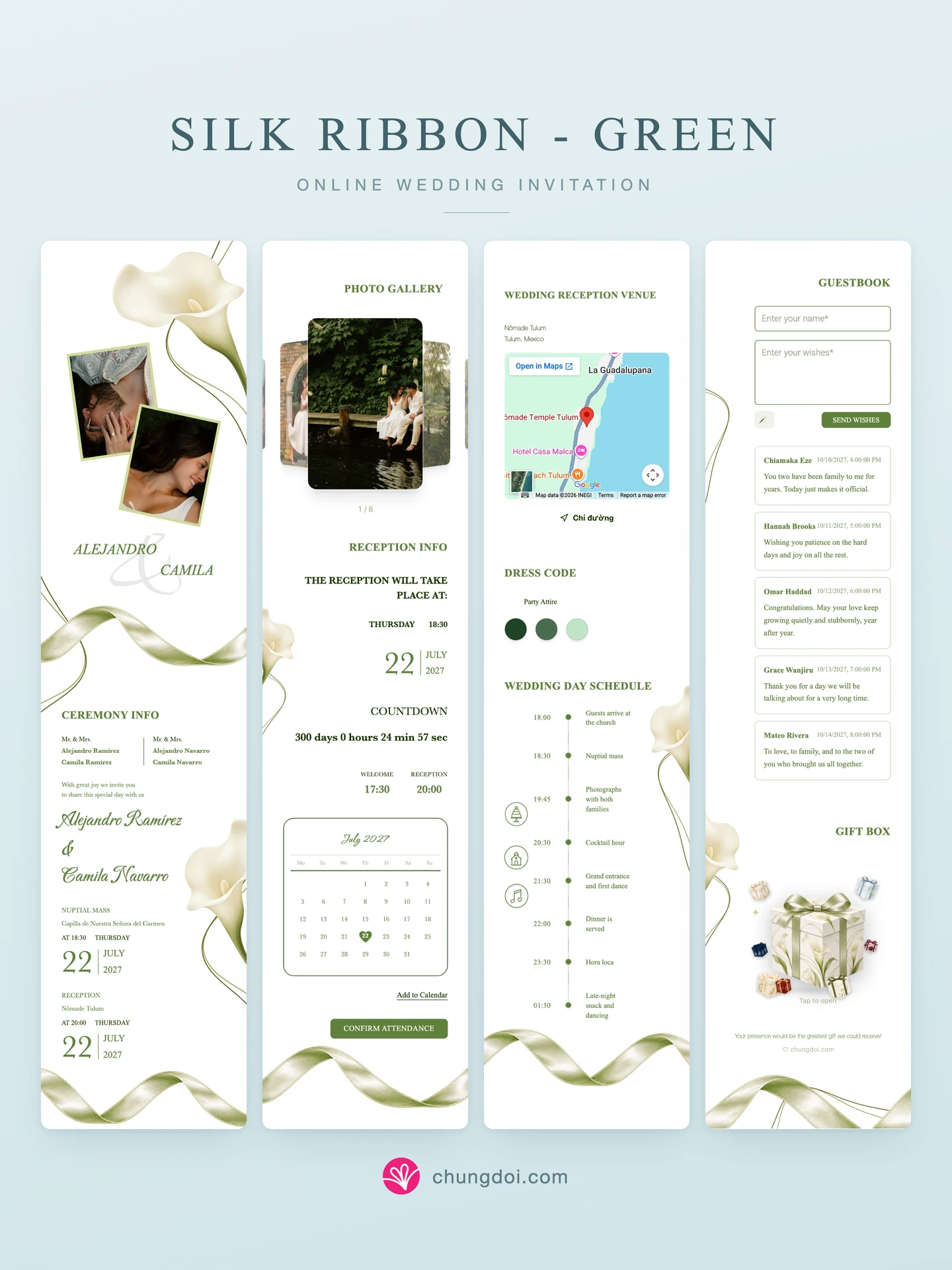 Full view of the Silk Ribbon - Green wedding invitation: its three sections side by side
