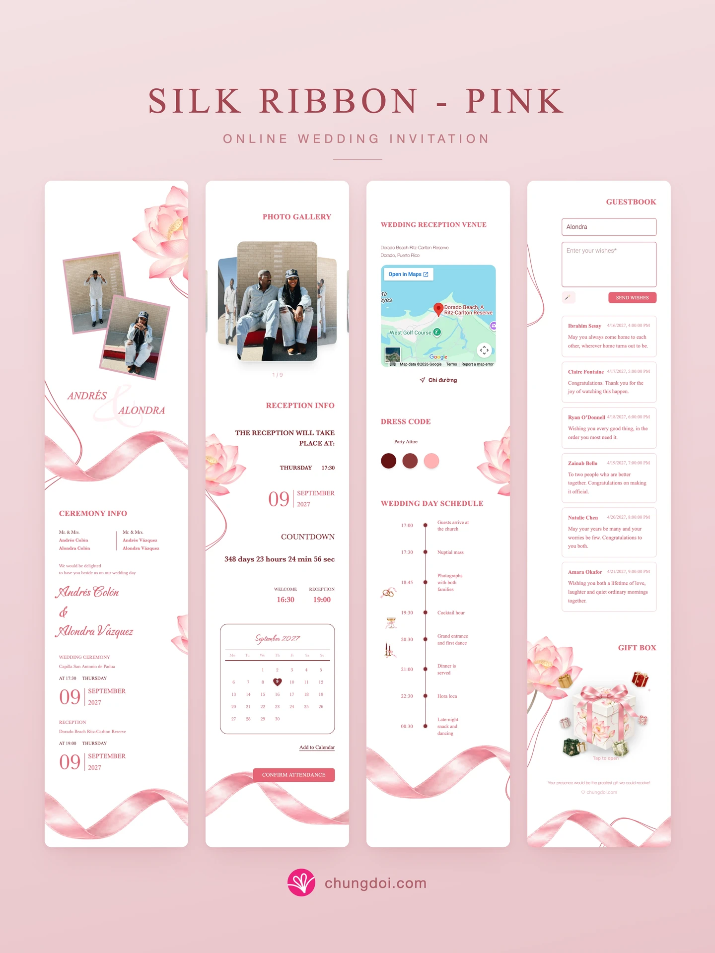 Full view of the Silk Ribbon - Pink wedding invitation: its three sections side by side