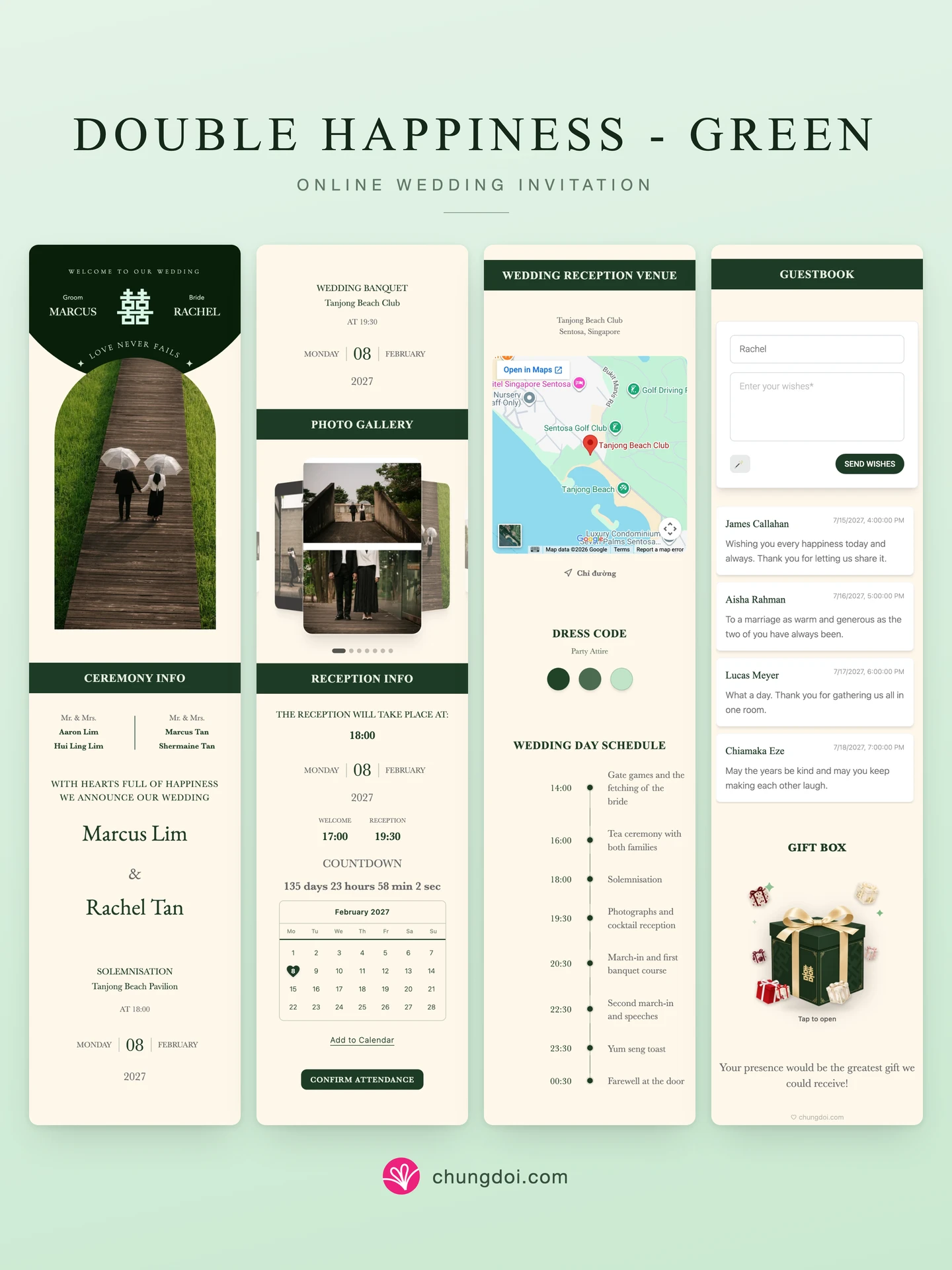 Full view of the Double Happiness - Green wedding invitation: its three sections side by side