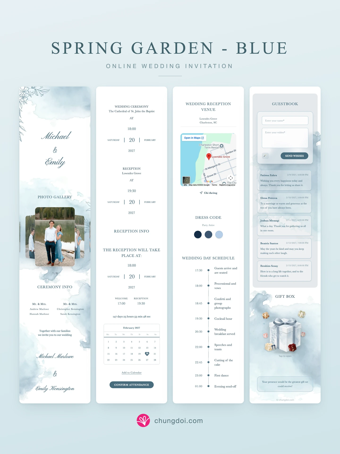 Full view of the Spring Garden - Blue wedding invitation: its three sections side by side