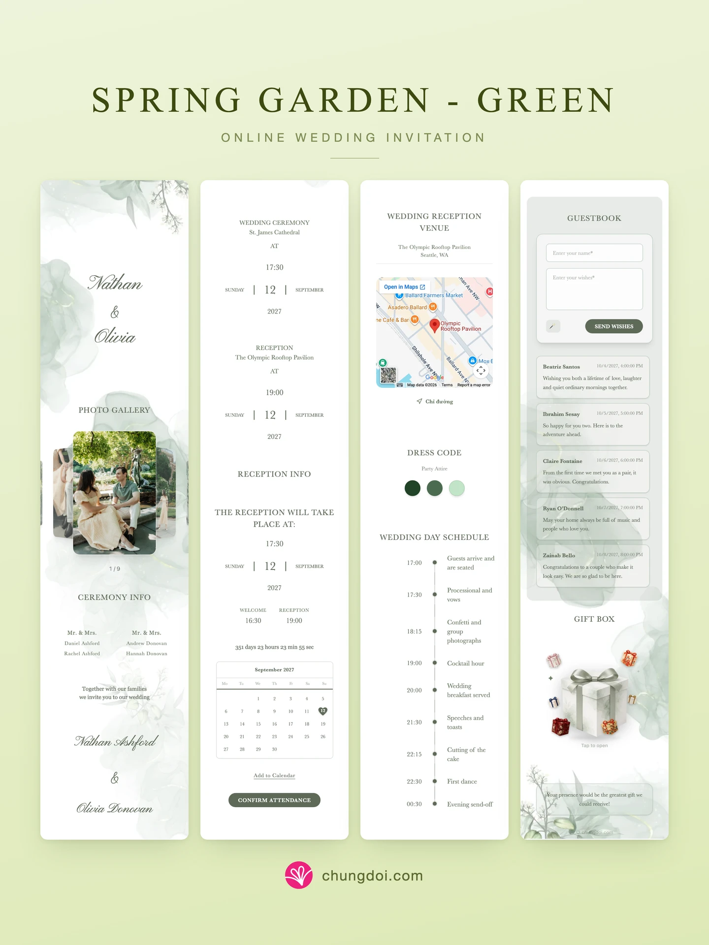 Full view of the Spring Garden - Green wedding invitation: its three sections side by side