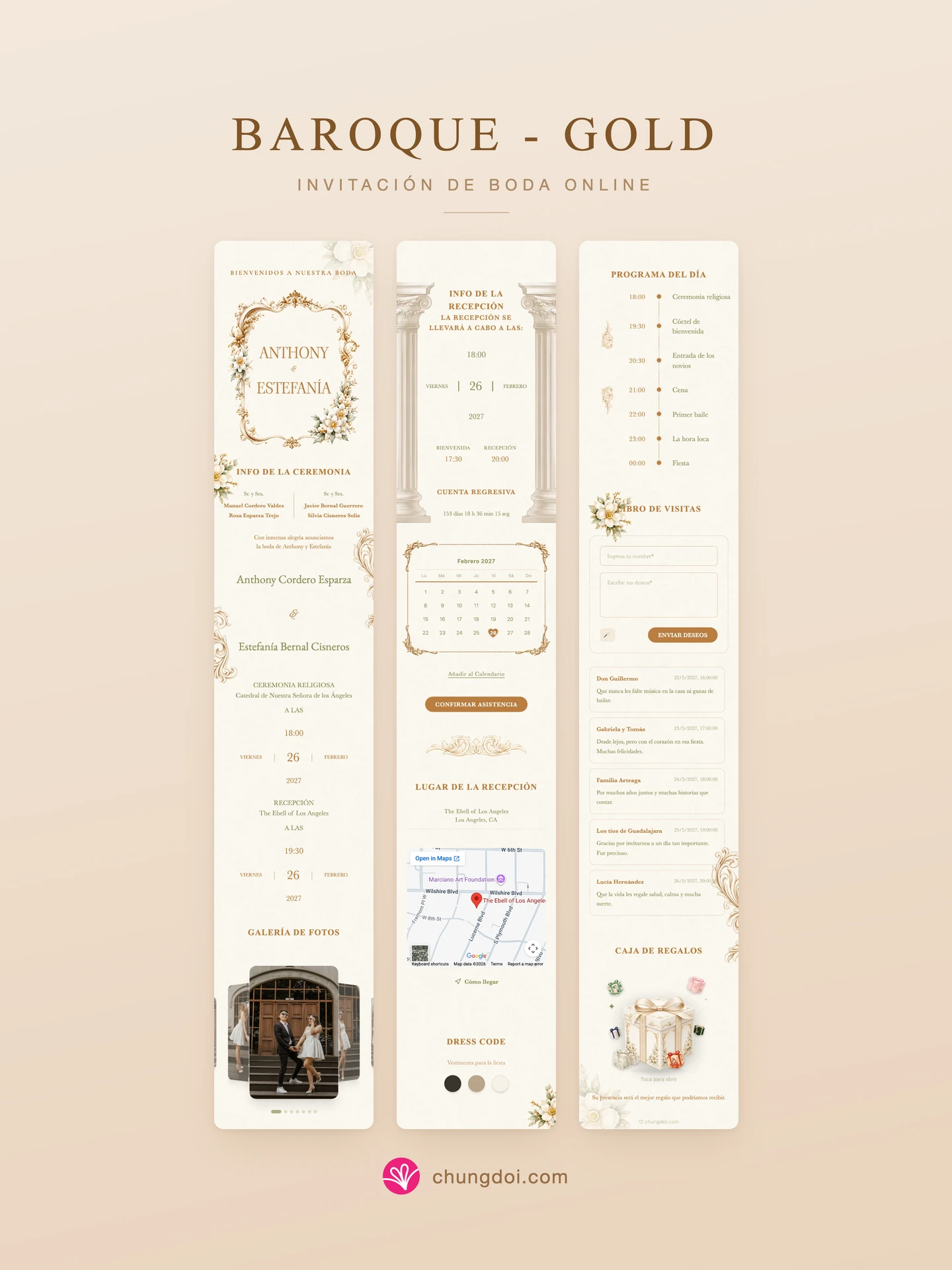 Vista completa de la invitación de boda Baroque - Gold: sus tres secciones una al lado de la otra