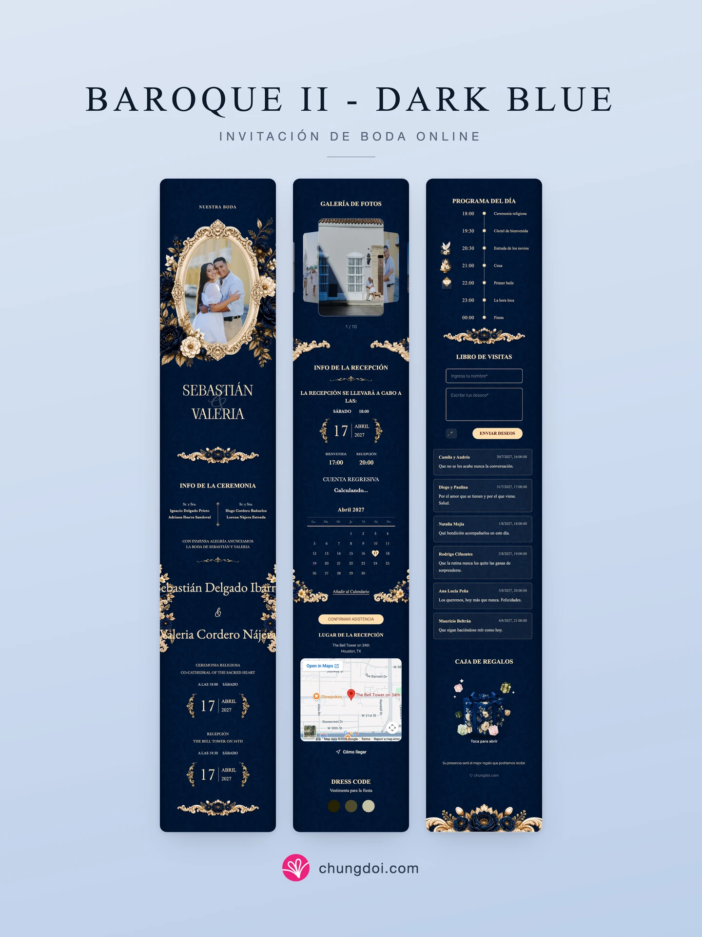 Vista completa de la invitación de boda Baroque II - Dark Blue: sus tres secciones una al lado de la otra