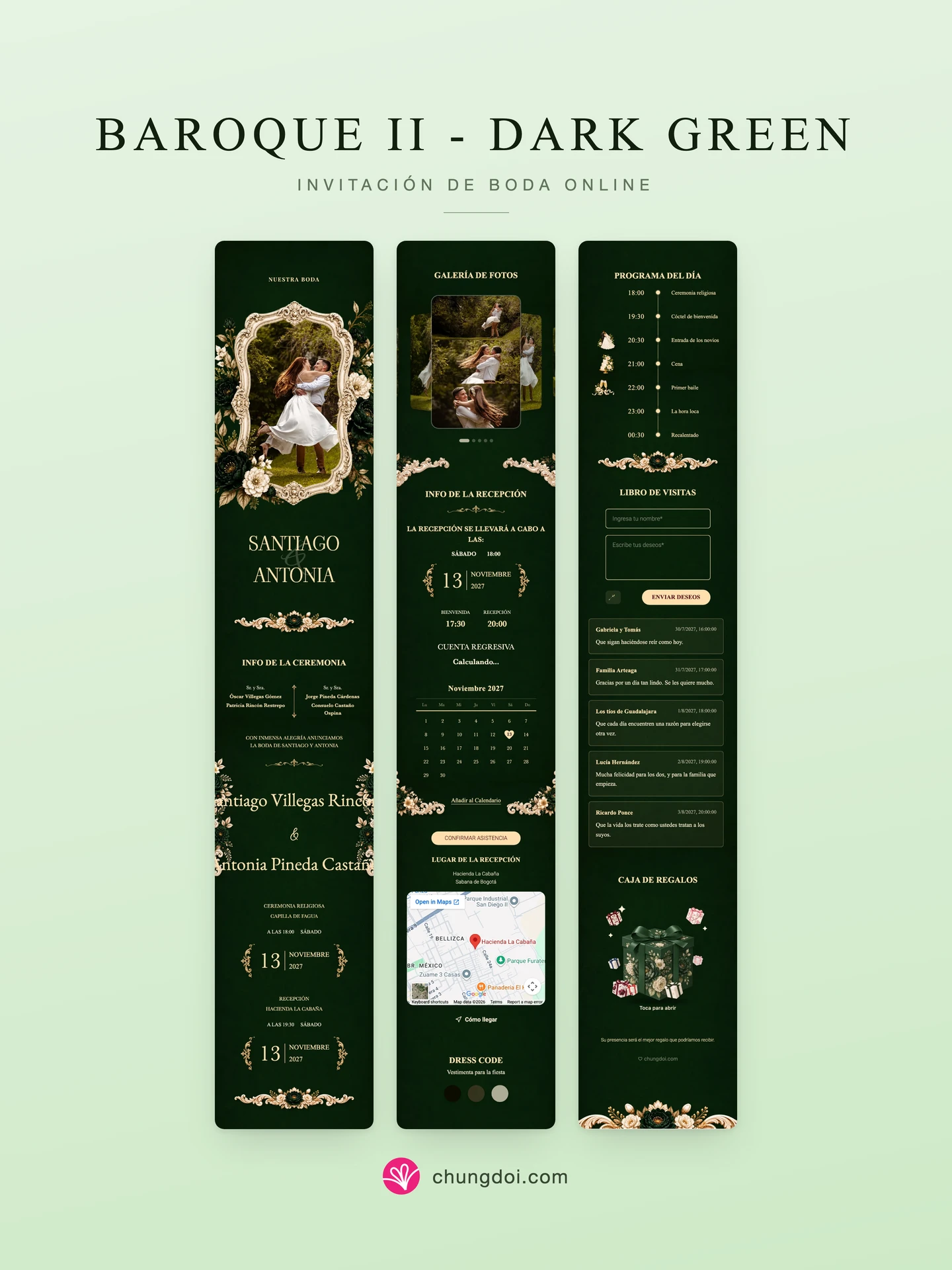 Vista completa de la invitación de boda Baroque II - Dark Green: sus tres secciones una al lado de la otra