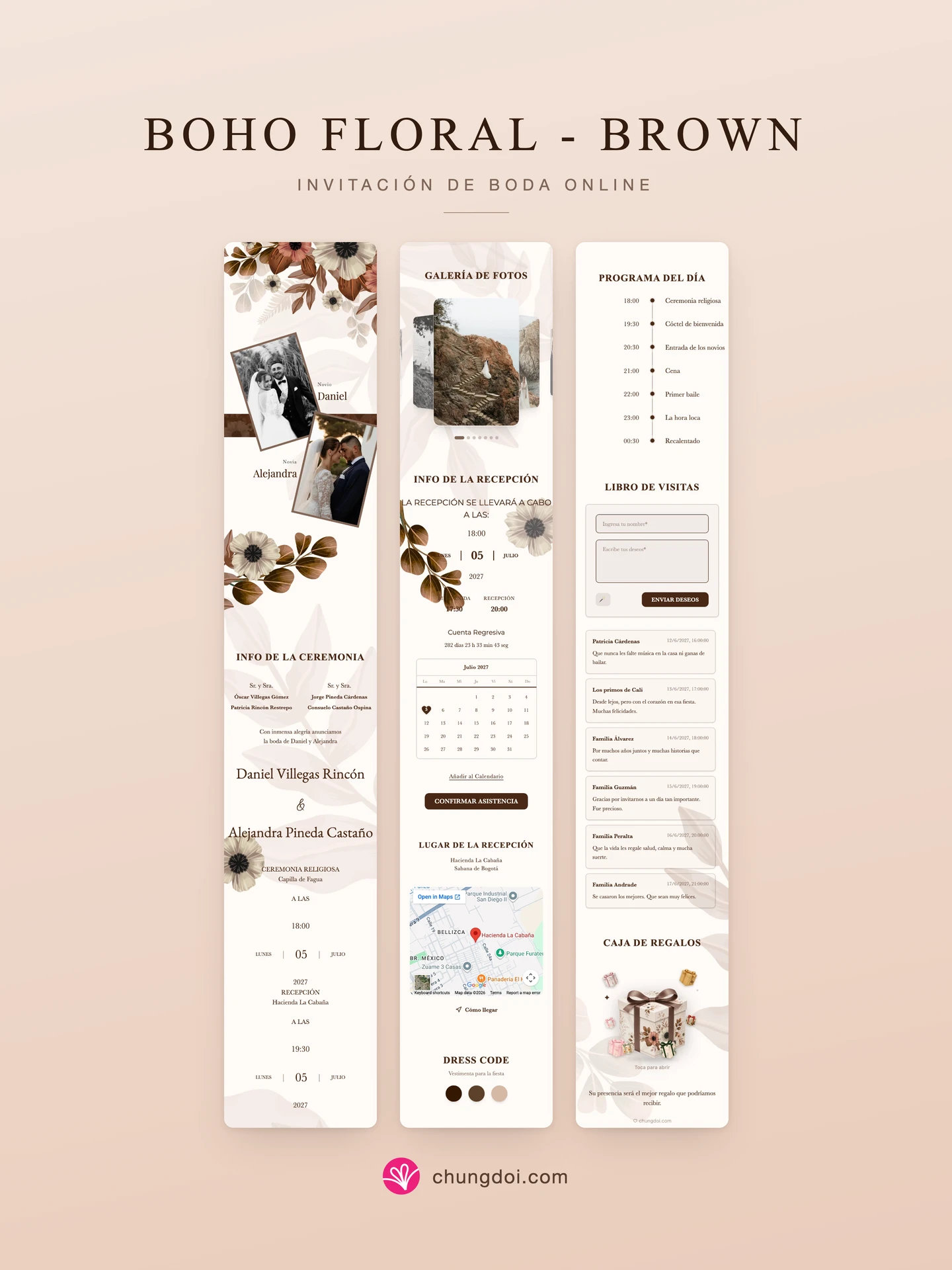 Vista completa de la invitación de boda Boho Floral - Brown: sus tres secciones una al lado de la otra