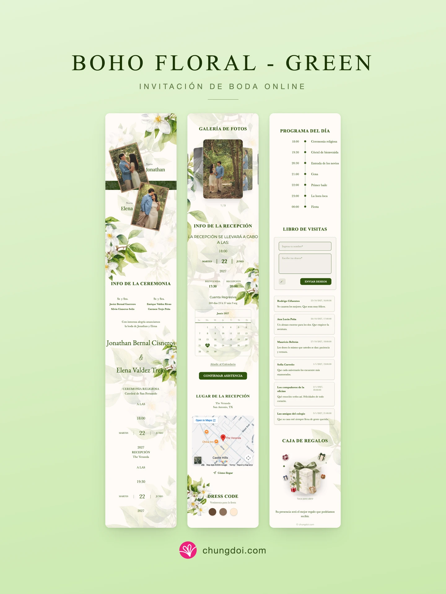 Vista completa de la invitación de boda Boho Floral - Green: sus tres secciones una al lado de la otra