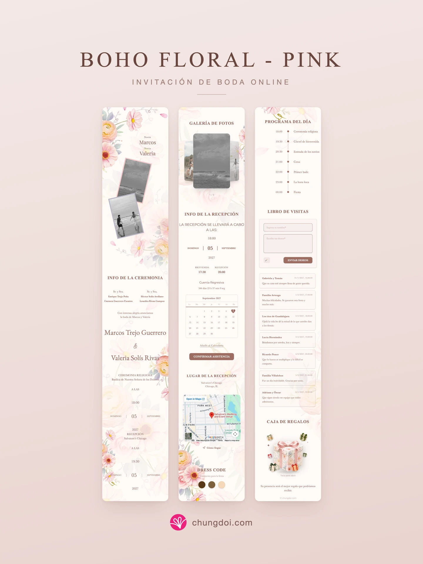 Vista completa de la invitación de boda Boho Floral - Pink: sus tres secciones una al lado de la otra
