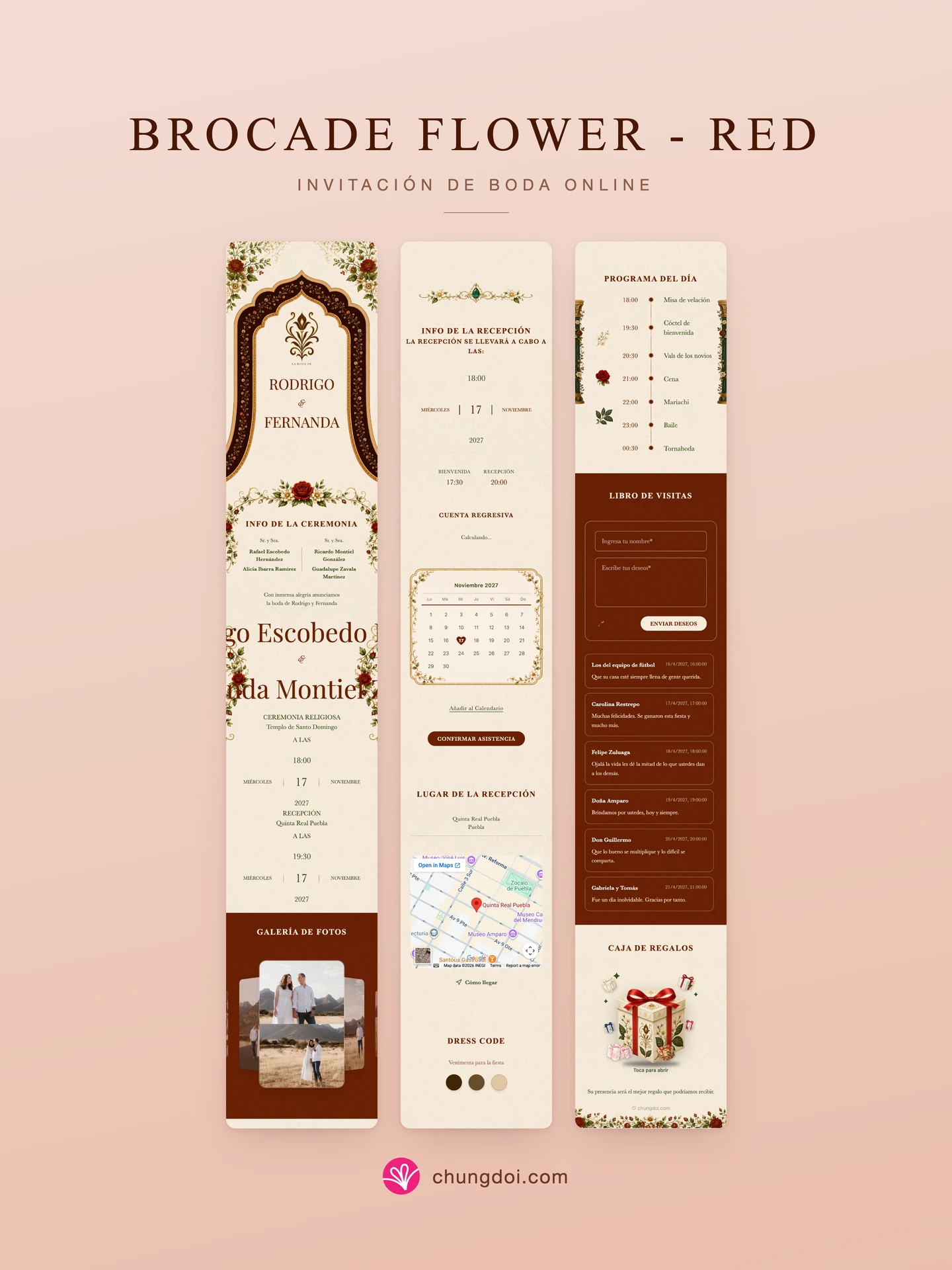 Vista completa de la invitación de boda Brocade Flower - Red: sus tres secciones una al lado de la otra