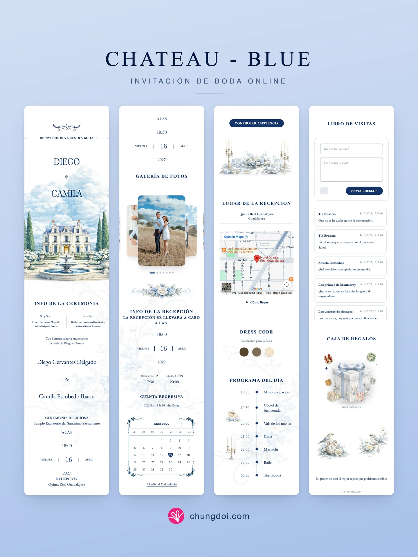 Vista completa de la invitación de boda Chateau - Blue: sus tres secciones una al lado de la otra