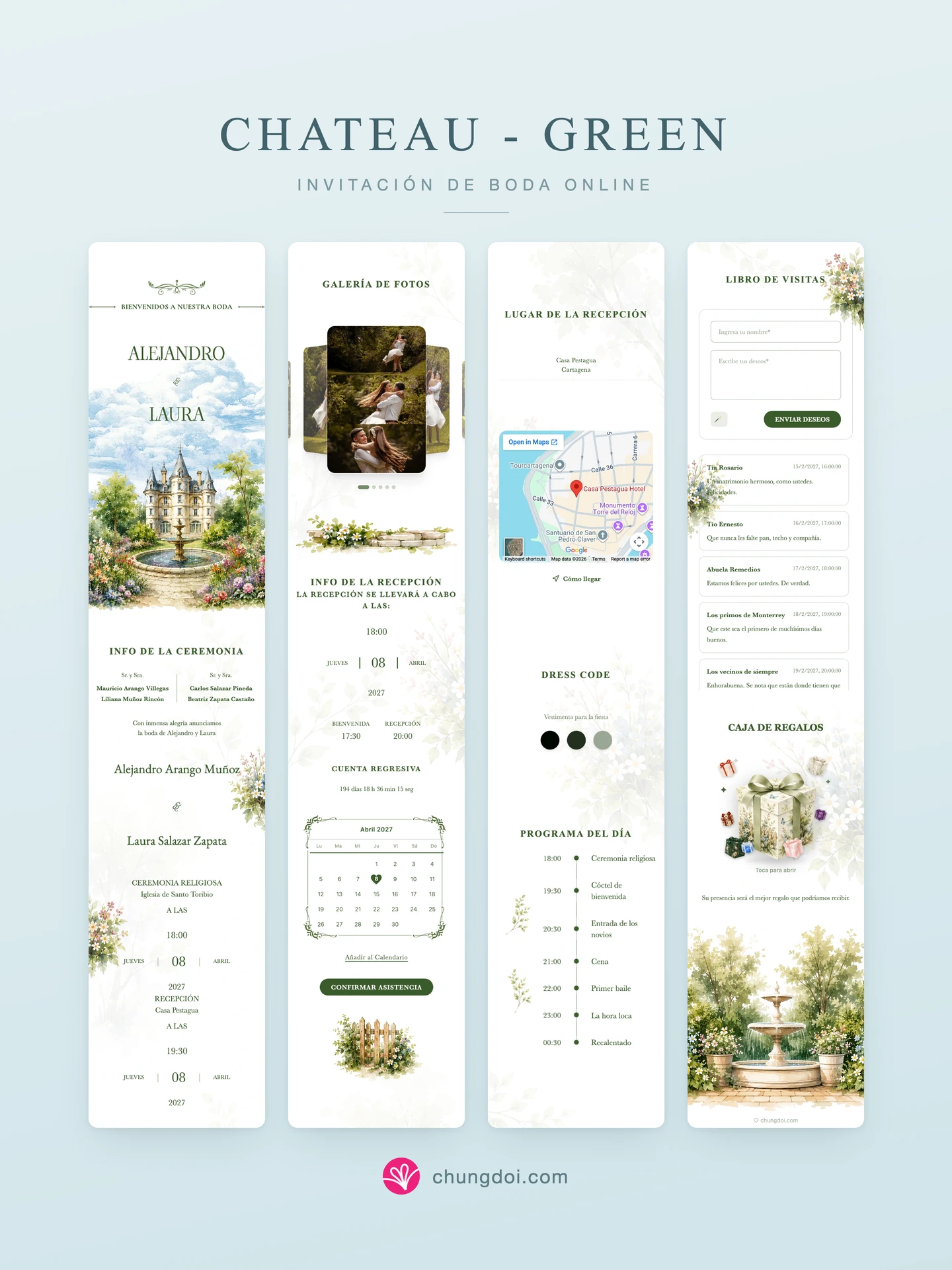 Vista completa de la invitación de boda Chateau - Green: sus tres secciones una al lado de la otra