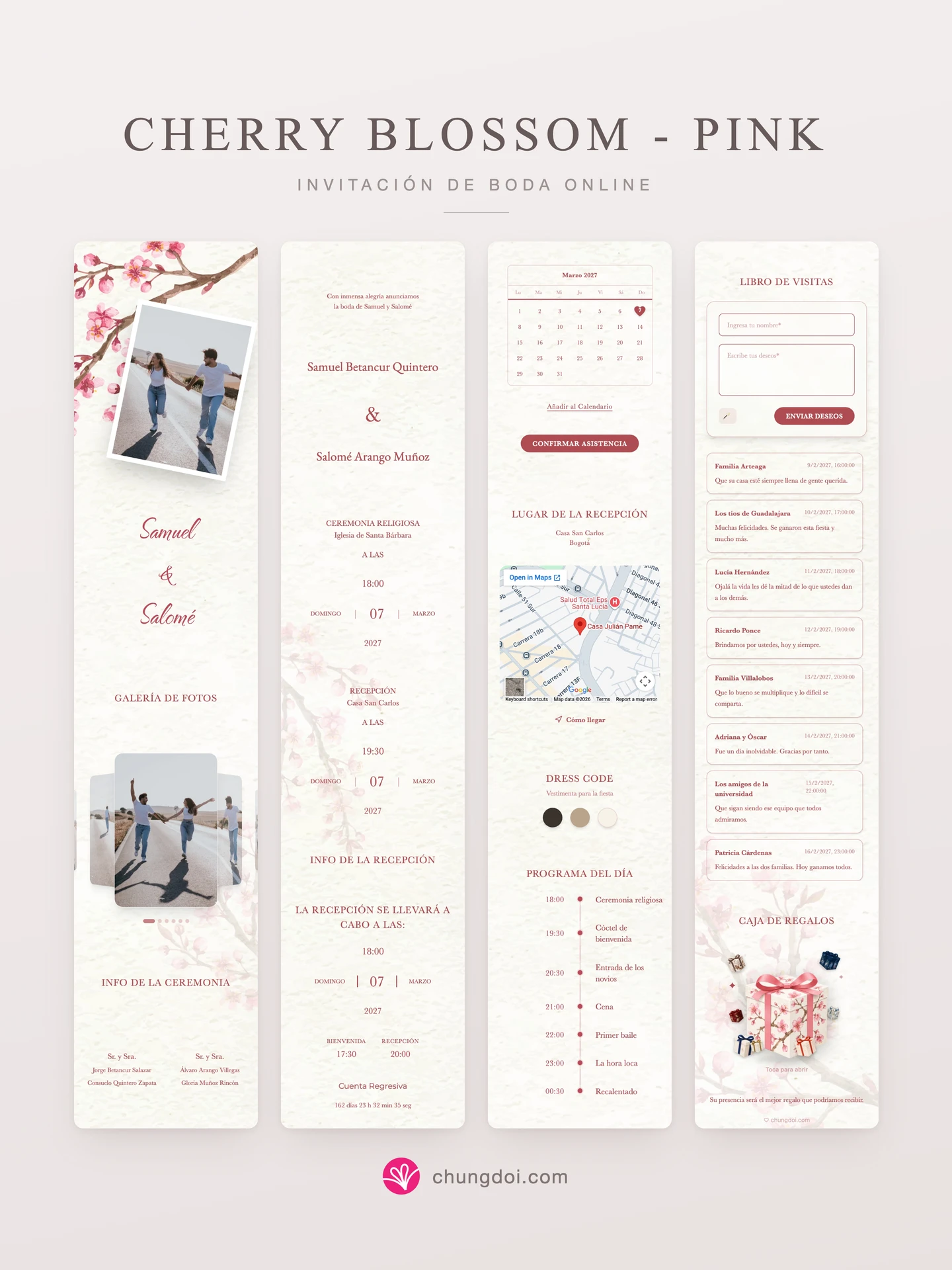 Vista completa de la invitación de boda Cherry Blossom - Pink: sus tres secciones una al lado de la otra
