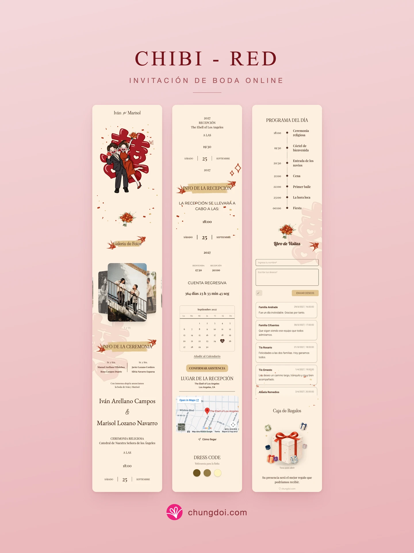 Vista completa de la invitación de boda Chibi - Red: sus tres secciones una al lado de la otra