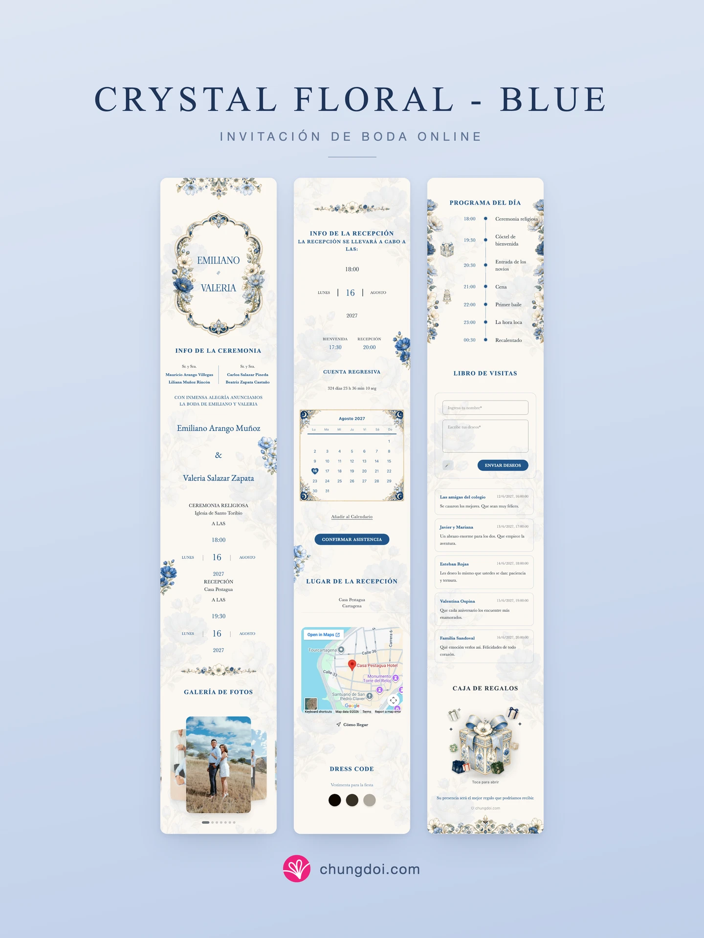 Vista completa de la invitación de boda Crystal Floral - Blue: sus tres secciones una al lado de la otra