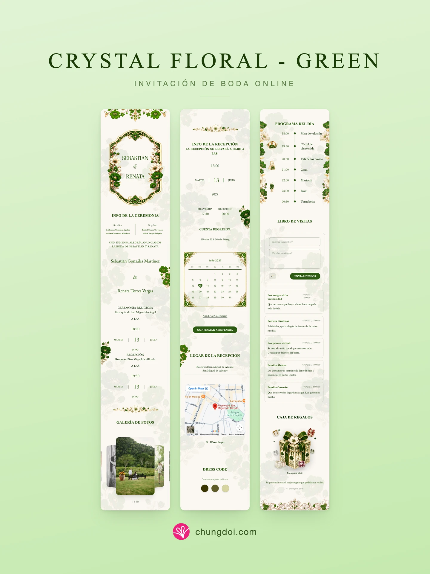Vista completa de la invitación de boda Crystal Floral - Green: sus tres secciones una al lado de la otra