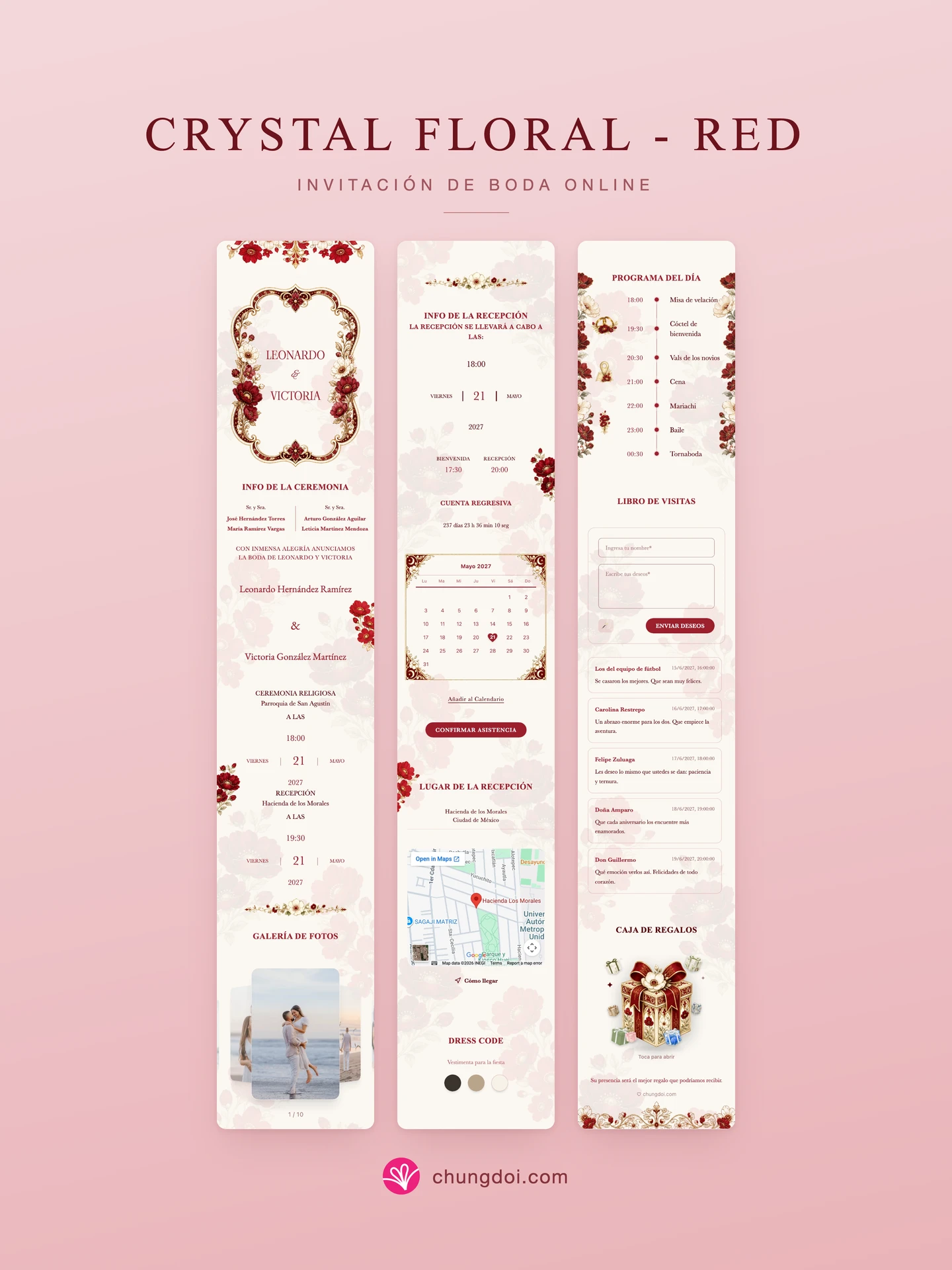 Vista completa de la invitación de boda Crystal Floral - Red: sus tres secciones una al lado de la otra