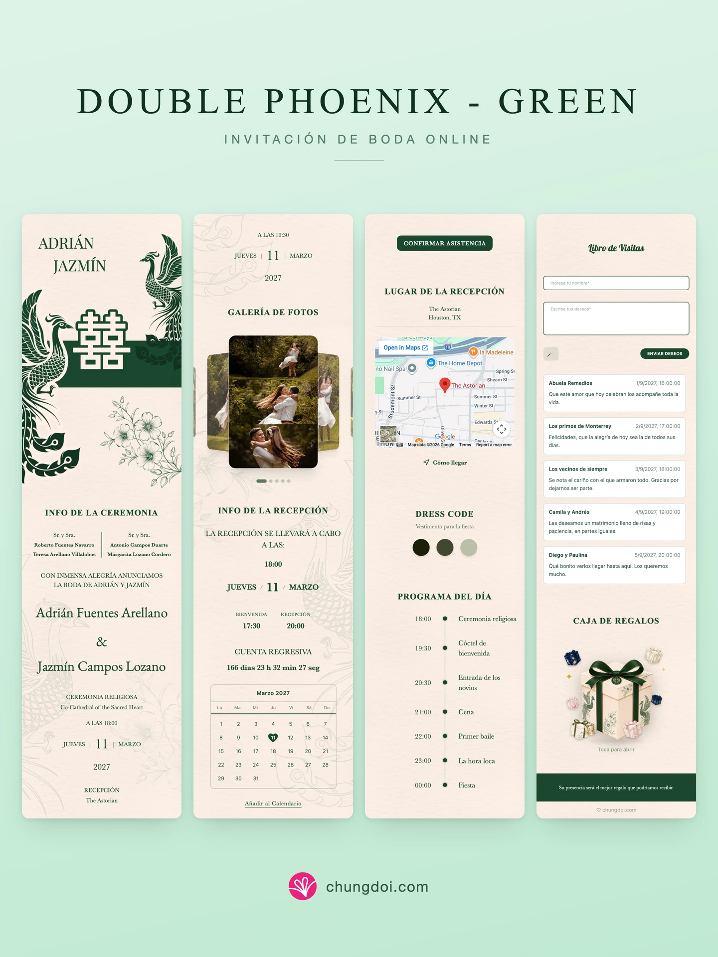 Vista completa de la invitación de boda Double Phoenix - Green: sus tres secciones una al lado de la otra