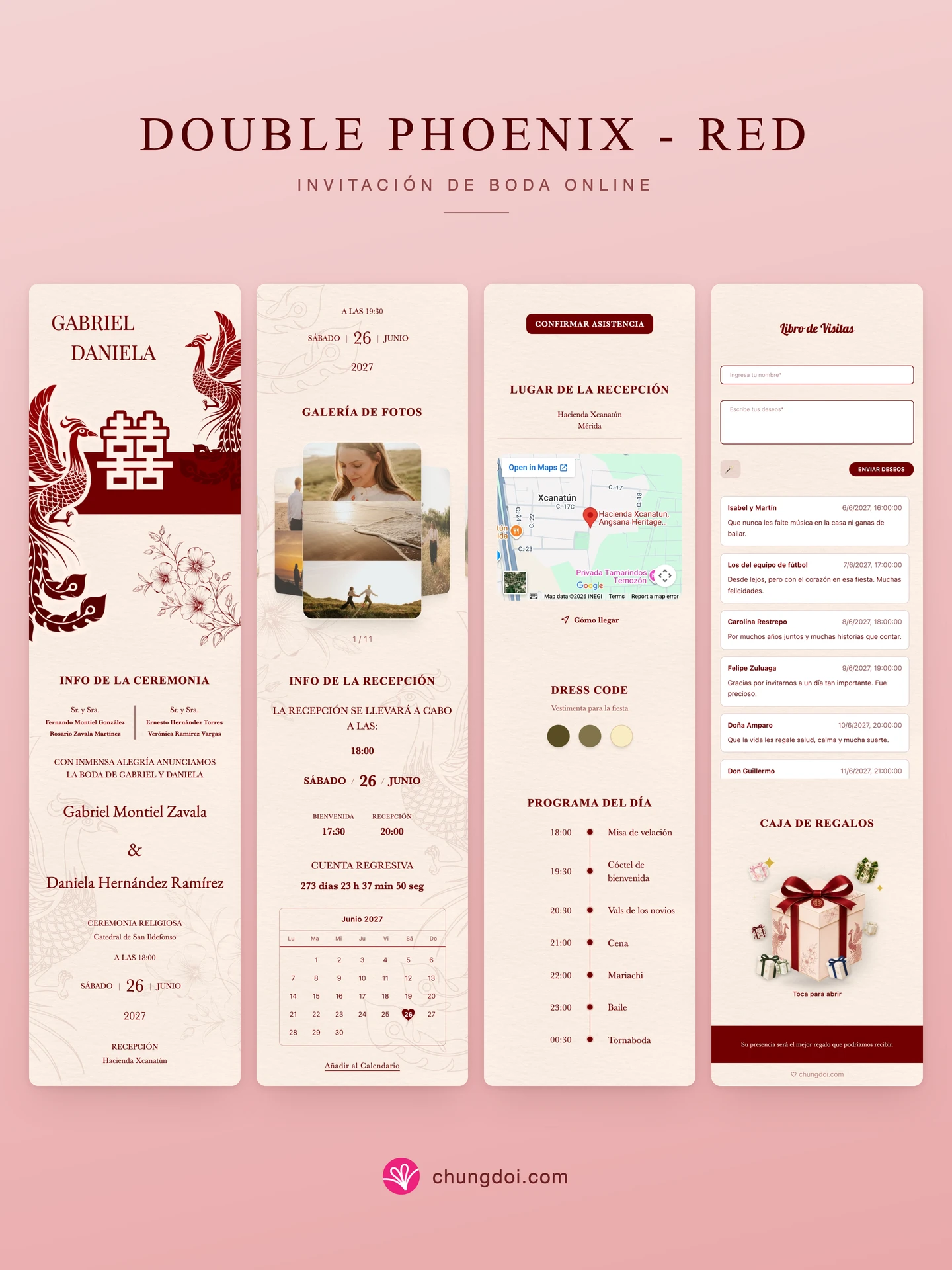 Vista completa de la invitación de boda Double Phoenix - Red: sus tres secciones una al lado de la otra