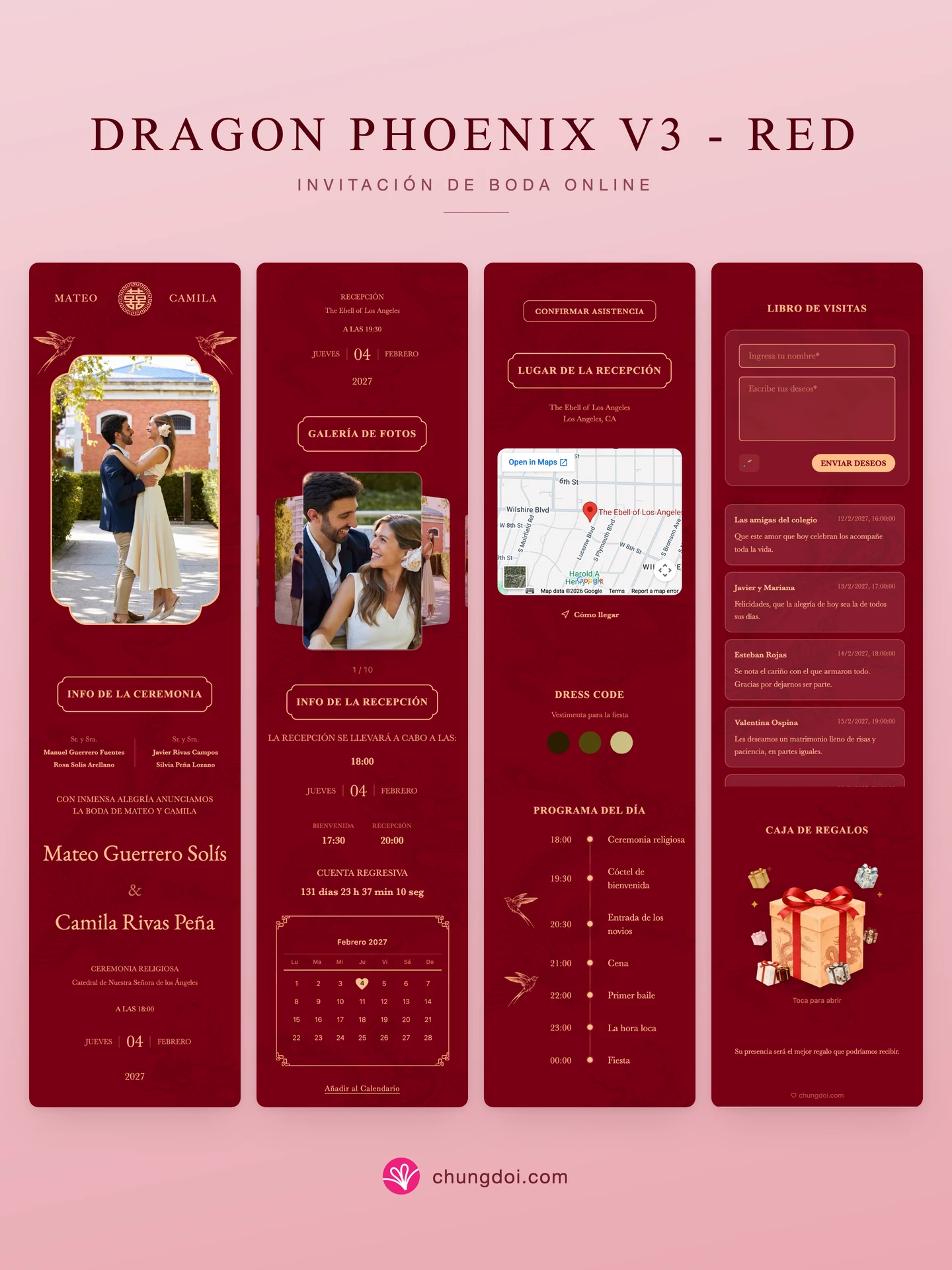 Vista completa de la invitación de boda Dragon Phoenix V3 - Red: sus tres secciones una al lado de la otra