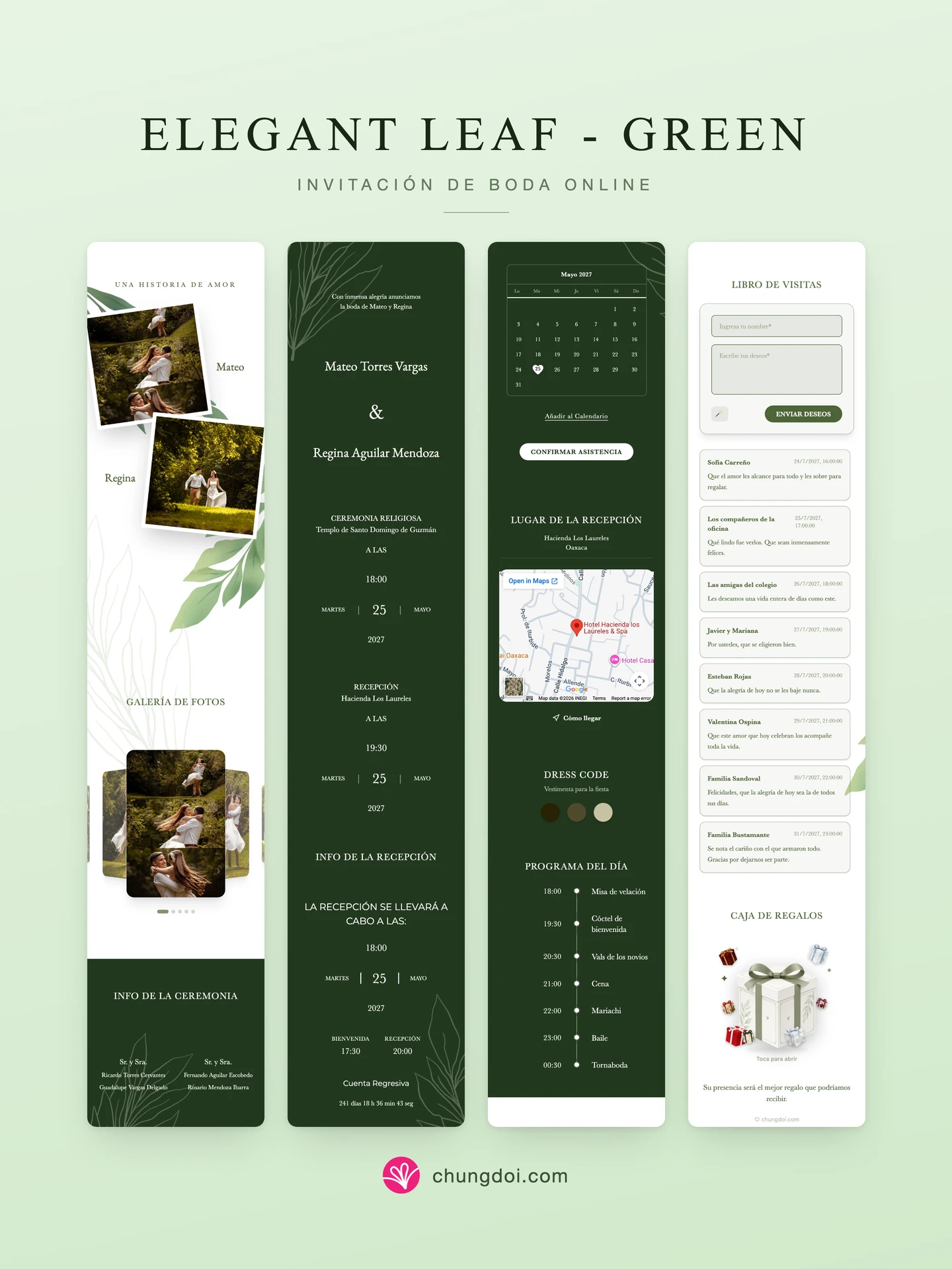 Vista completa de la invitación de boda Elegant Leaf - Green: sus tres secciones una al lado de la otra