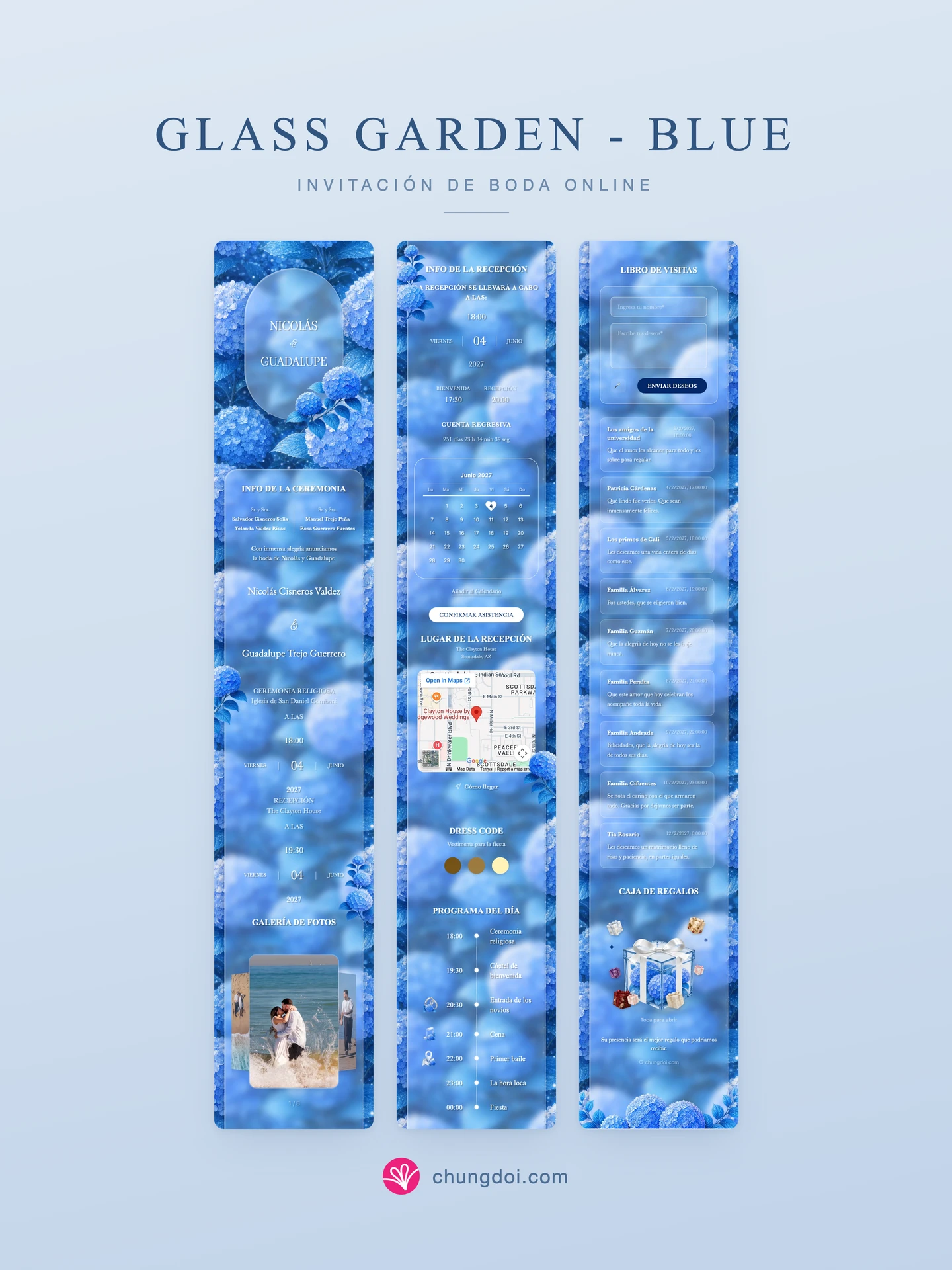 Vista completa de la invitación de boda Glass Garden - Blue: sus tres secciones una al lado de la otra