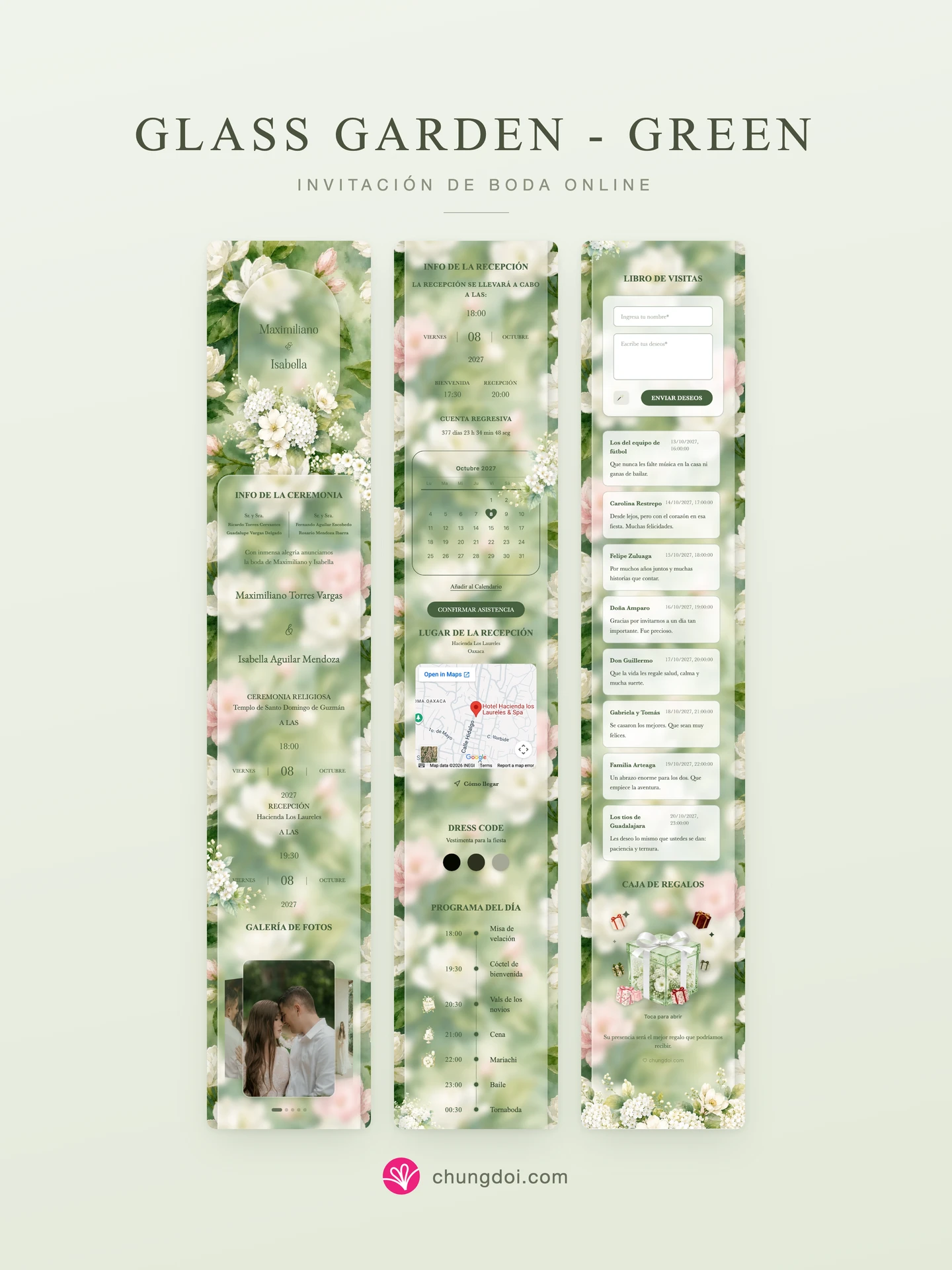 Vista completa de la invitación de boda Glass Garden - Green: sus tres secciones una al lado de la otra