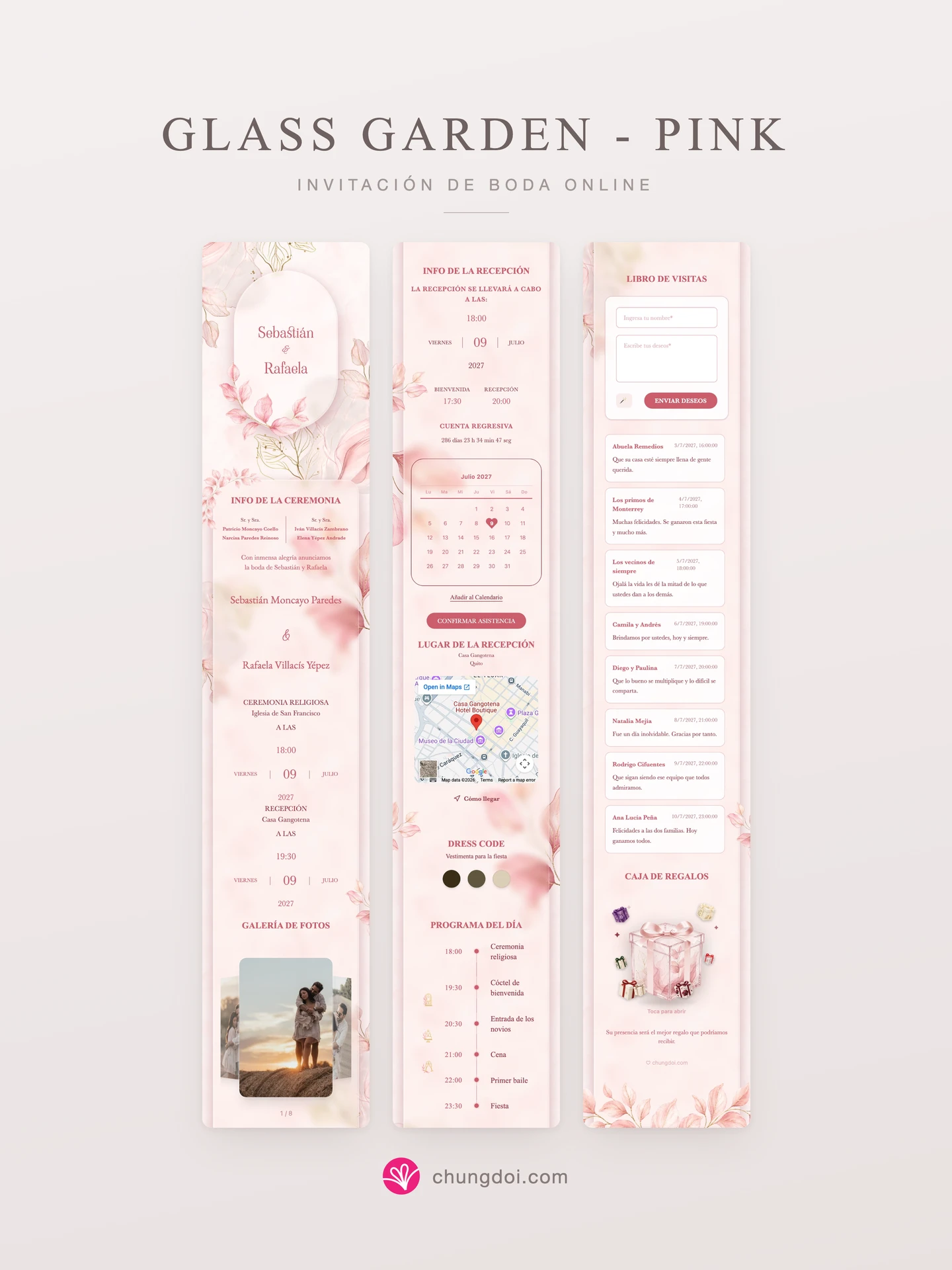 Vista completa de la invitación de boda Glass Garden - Pink: sus tres secciones una al lado de la otra