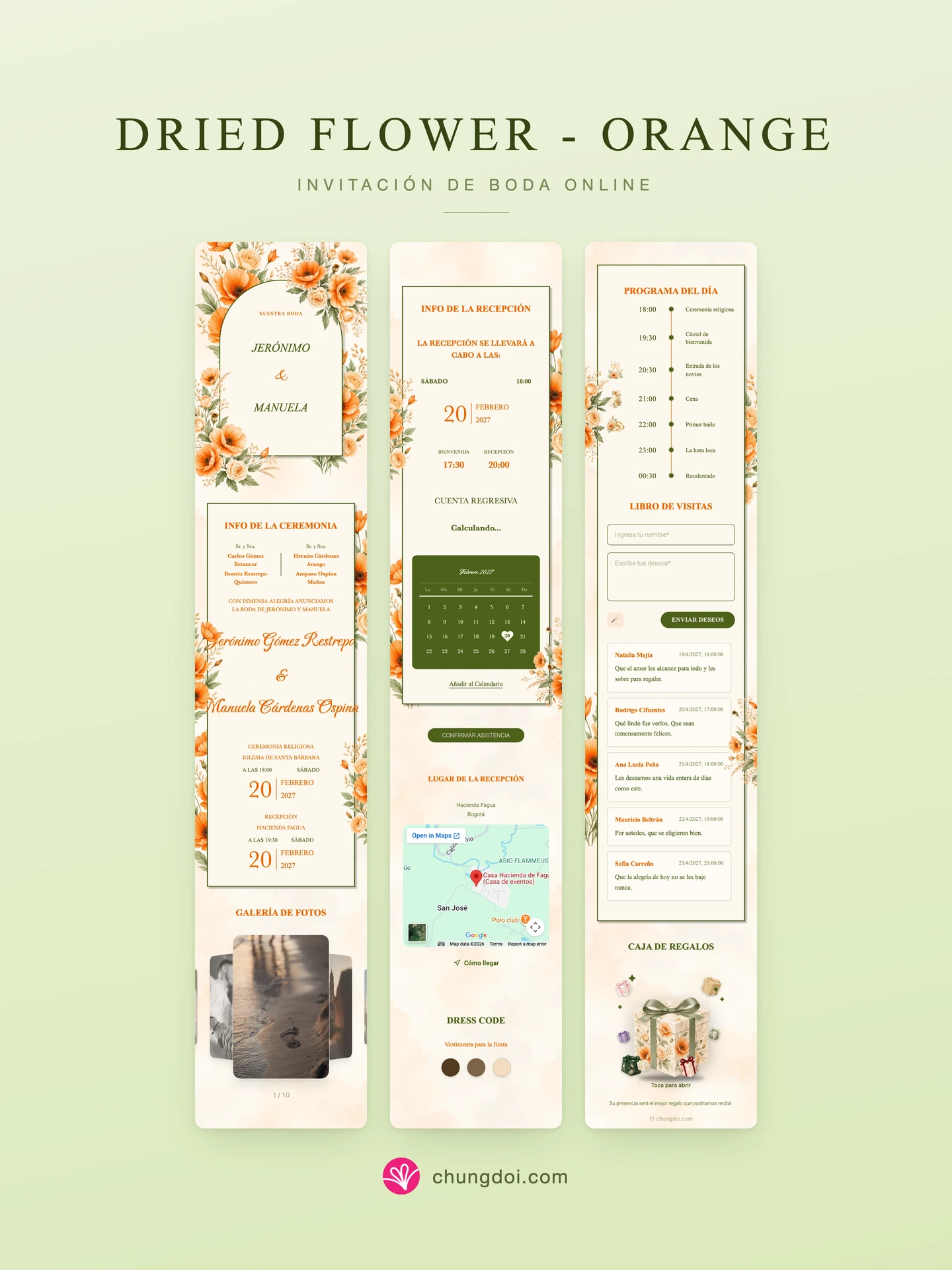 Vista completa de la invitación de boda Dried Flower - Orange: sus tres secciones una al lado de la otra