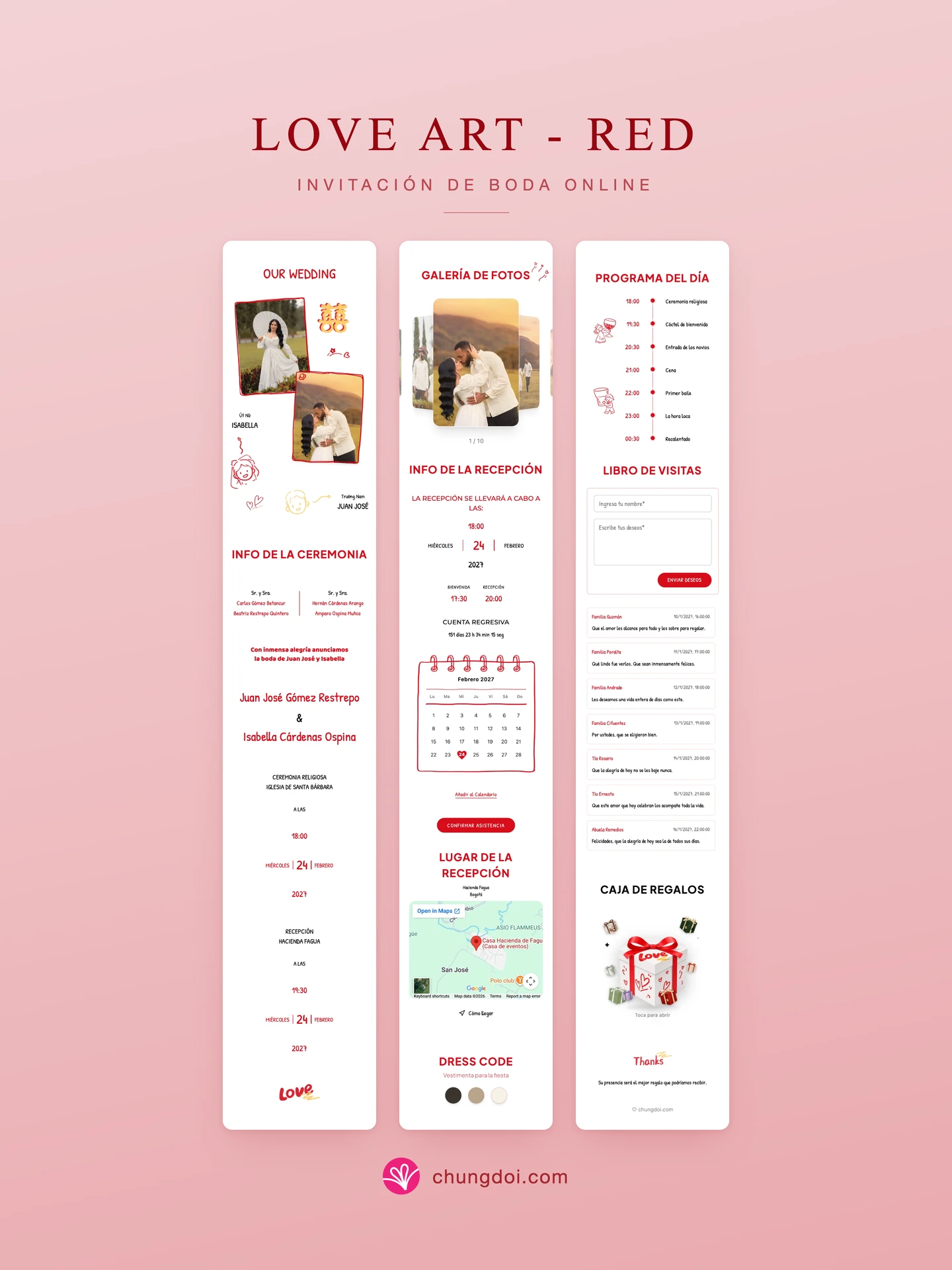 Vista completa de la invitación de boda Love Art - Red: sus tres secciones una al lado de la otra