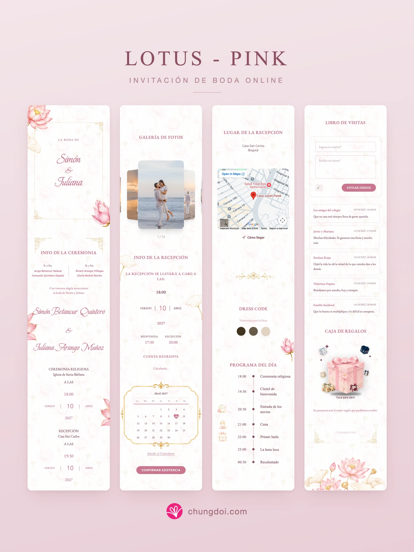 Vista completa de la invitación de boda Lotus - Pink: sus tres secciones una al lado de la otra