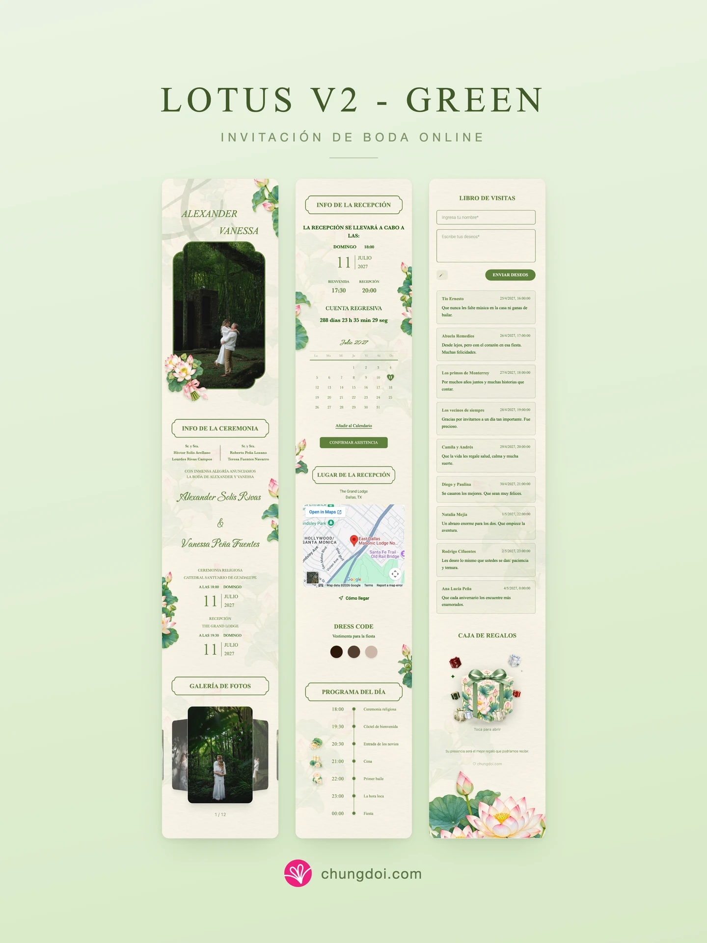 Vista completa de la invitación de boda Lotus V2 - Green: sus tres secciones una al lado de la otra