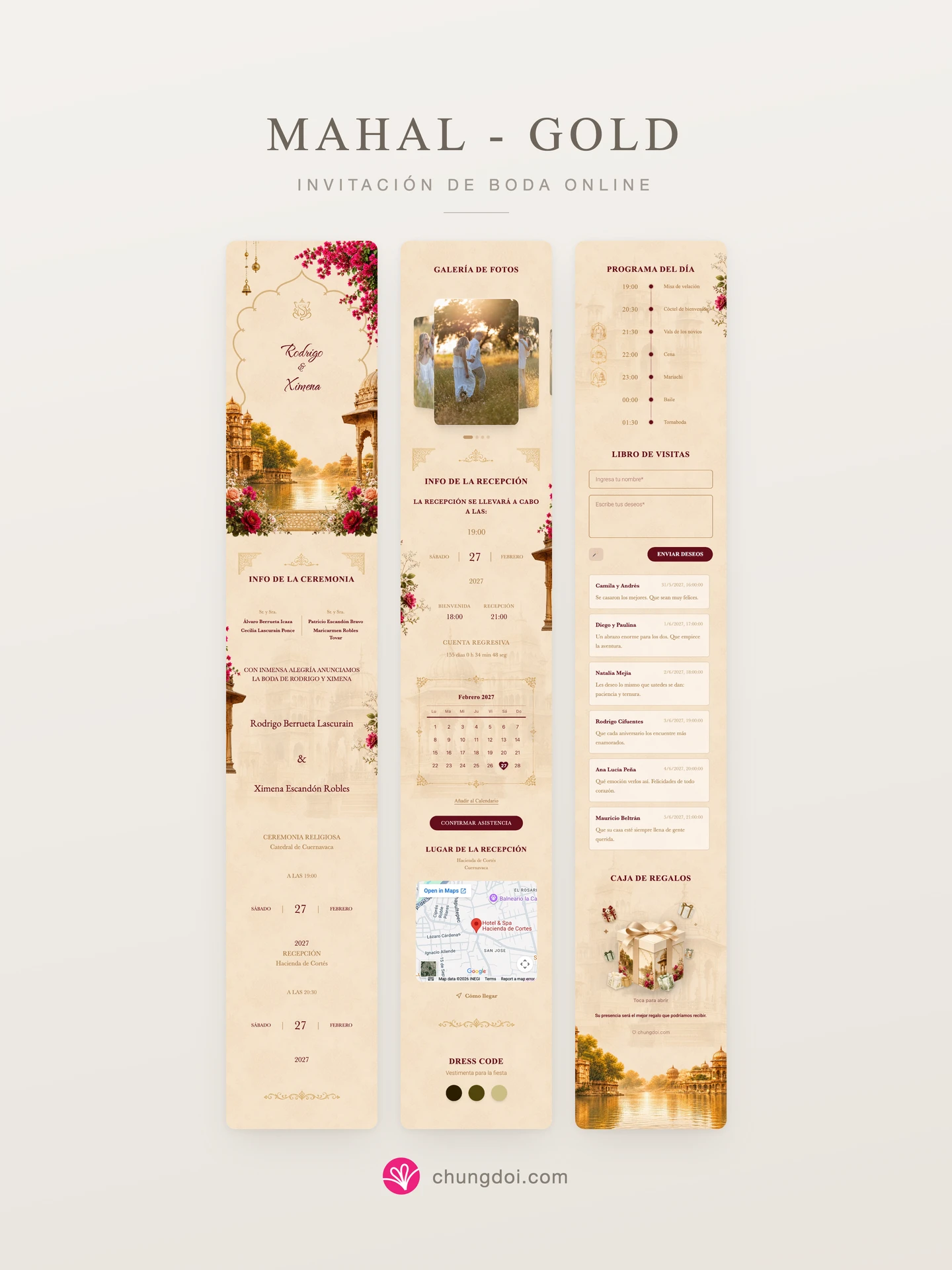 Vista completa de la invitación de boda Mahal - Gold: sus tres secciones una al lado de la otra