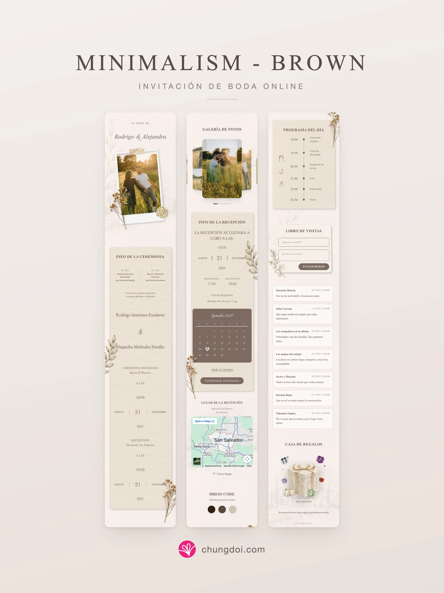 Vista completa de la invitación de boda Minimalism - Brown: sus tres secciones una al lado de la otra