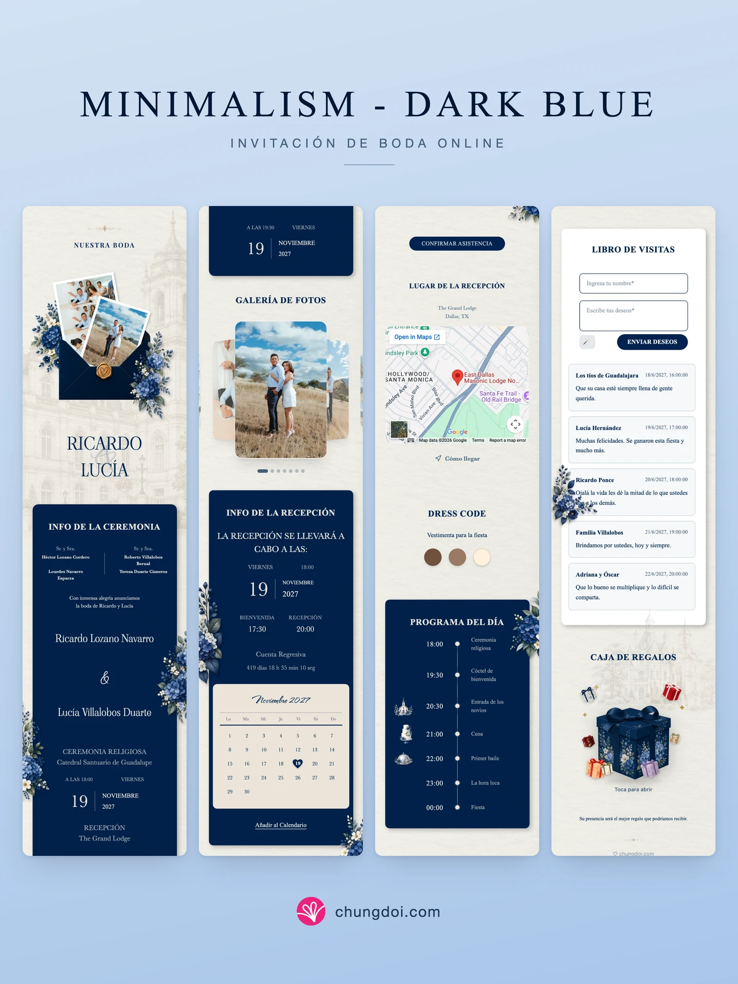 Vista completa de la invitación de boda Minimalism - Dark Blue: sus tres secciones una al lado de la otra
