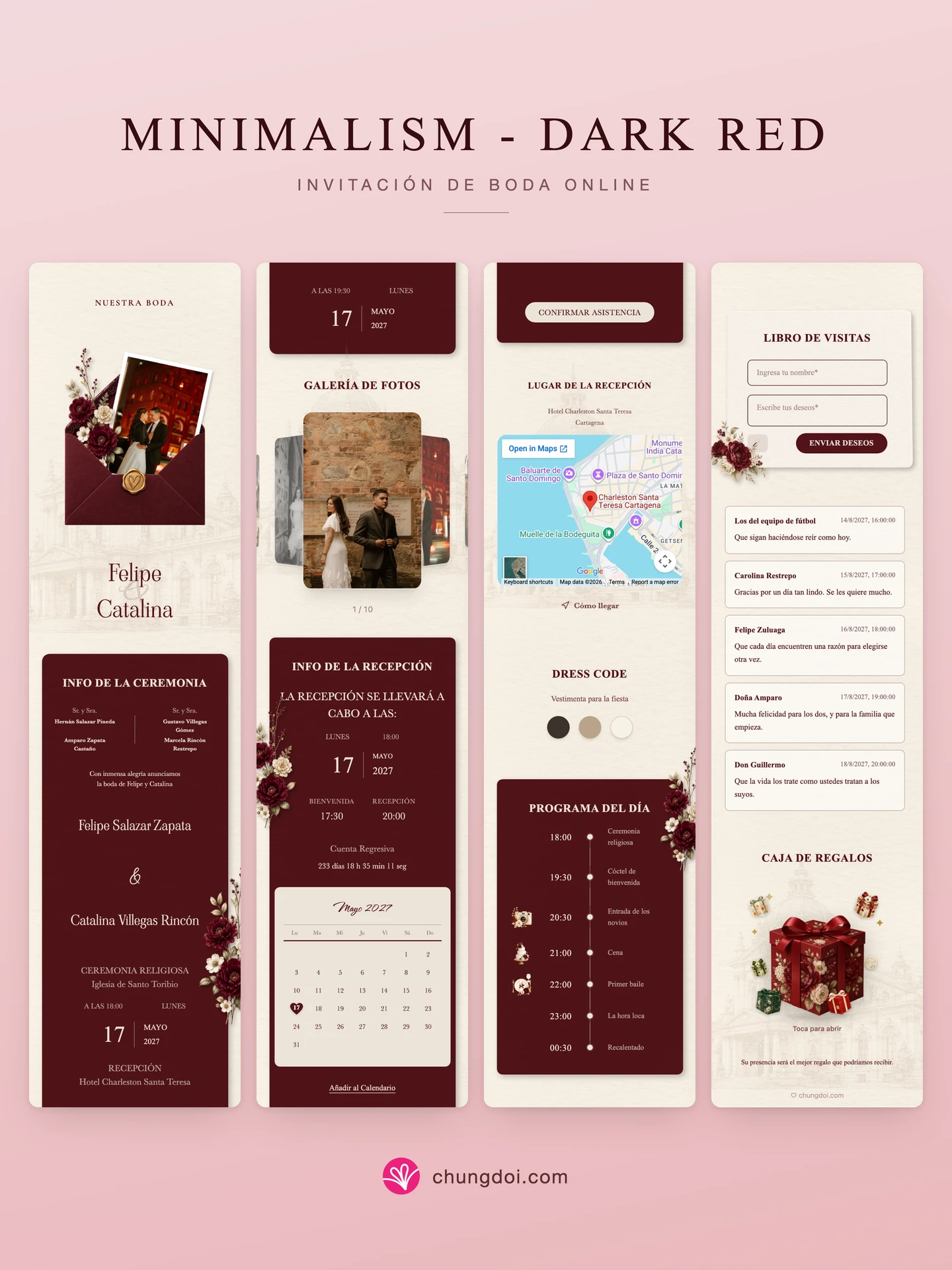 Vista completa de la invitación de boda Minimalism - Dark Red: sus tres secciones una al lado de la otra