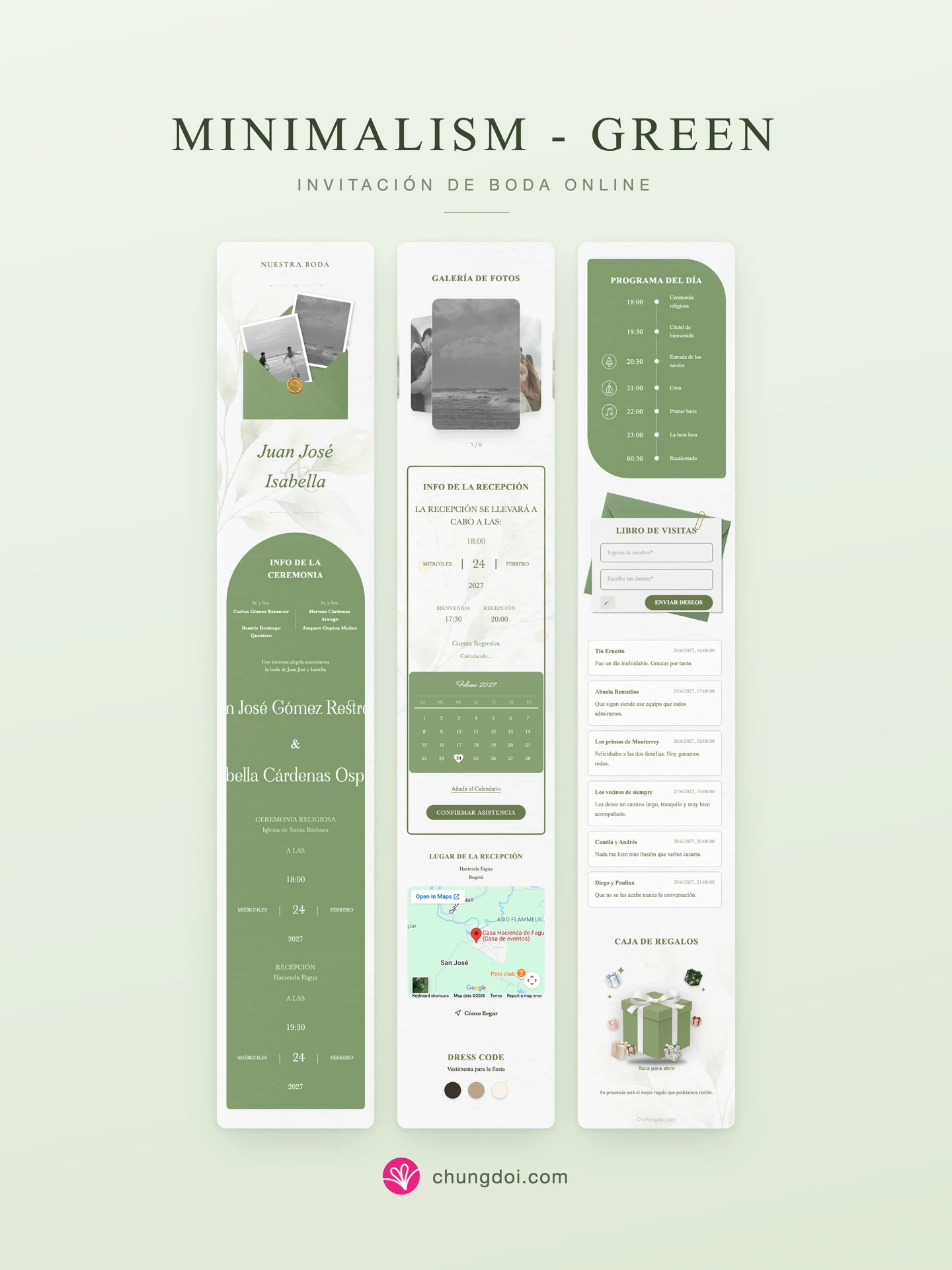 Vista completa de la invitación de boda Minimalism - Green: sus tres secciones una al lado de la otra