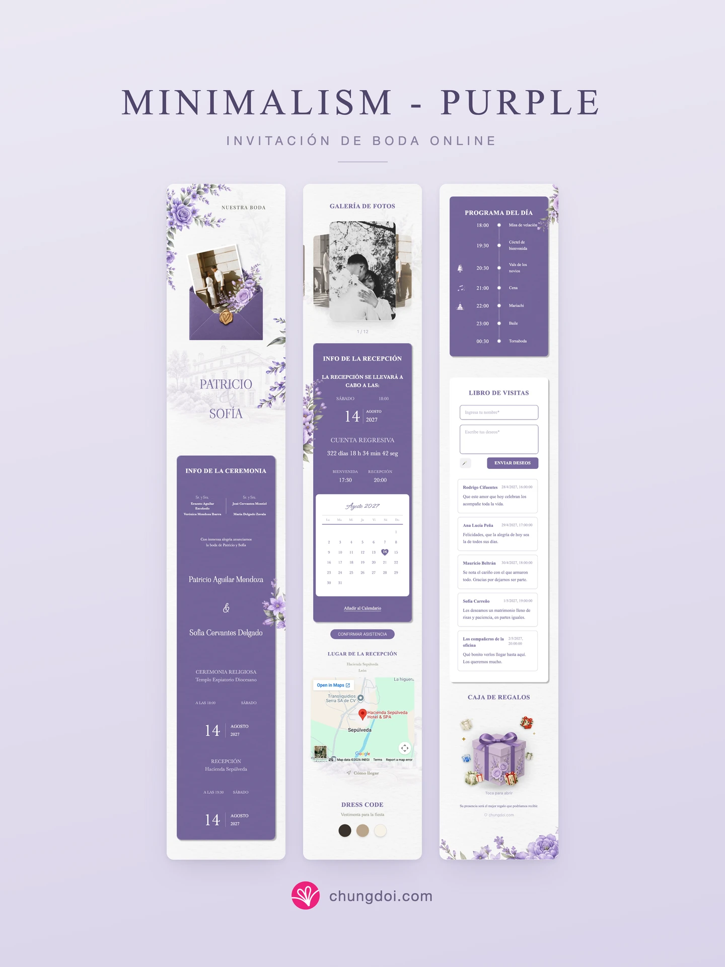 Vista completa de la invitación de boda Minimalism - Purple: sus tres secciones una al lado de la otra