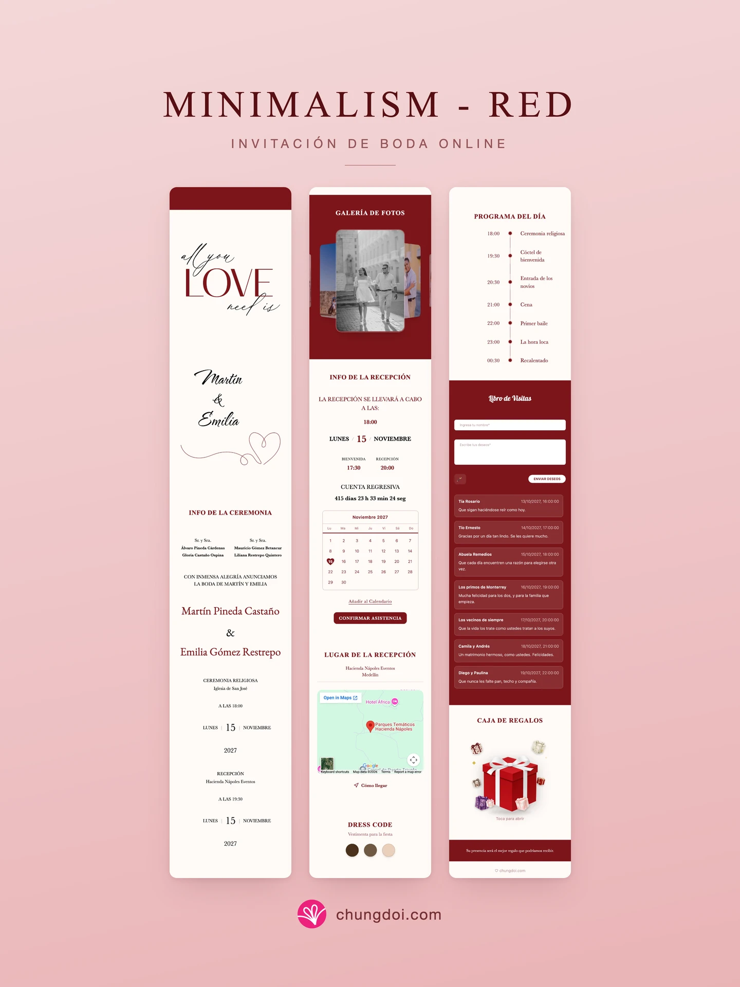 Vista completa de la invitación de boda Minimalism - Red: sus tres secciones una al lado de la otra