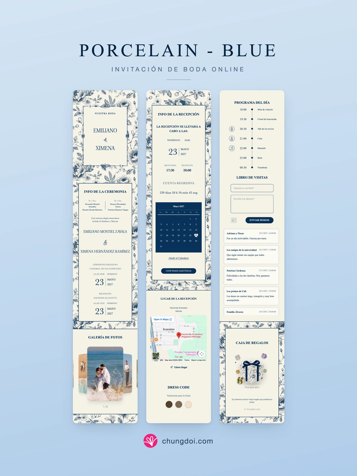 Vista completa de la invitación de boda Porcelain - Blue: sus tres secciones una al lado de la otra