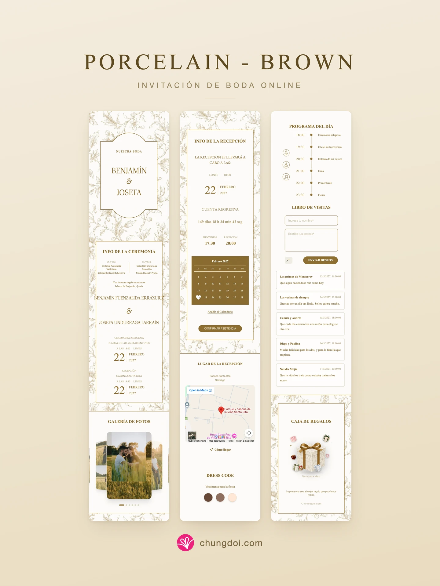 Vista completa de la invitación de boda Porcelain - Brown: sus tres secciones una al lado de la otra